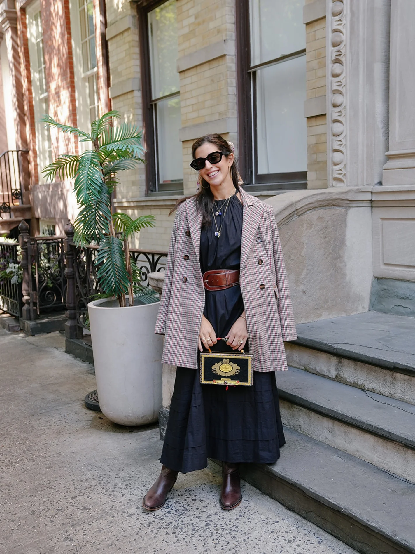 womens modest fall outfits 2026 Elevated Navy Dress With A Tailored Checked Blazer