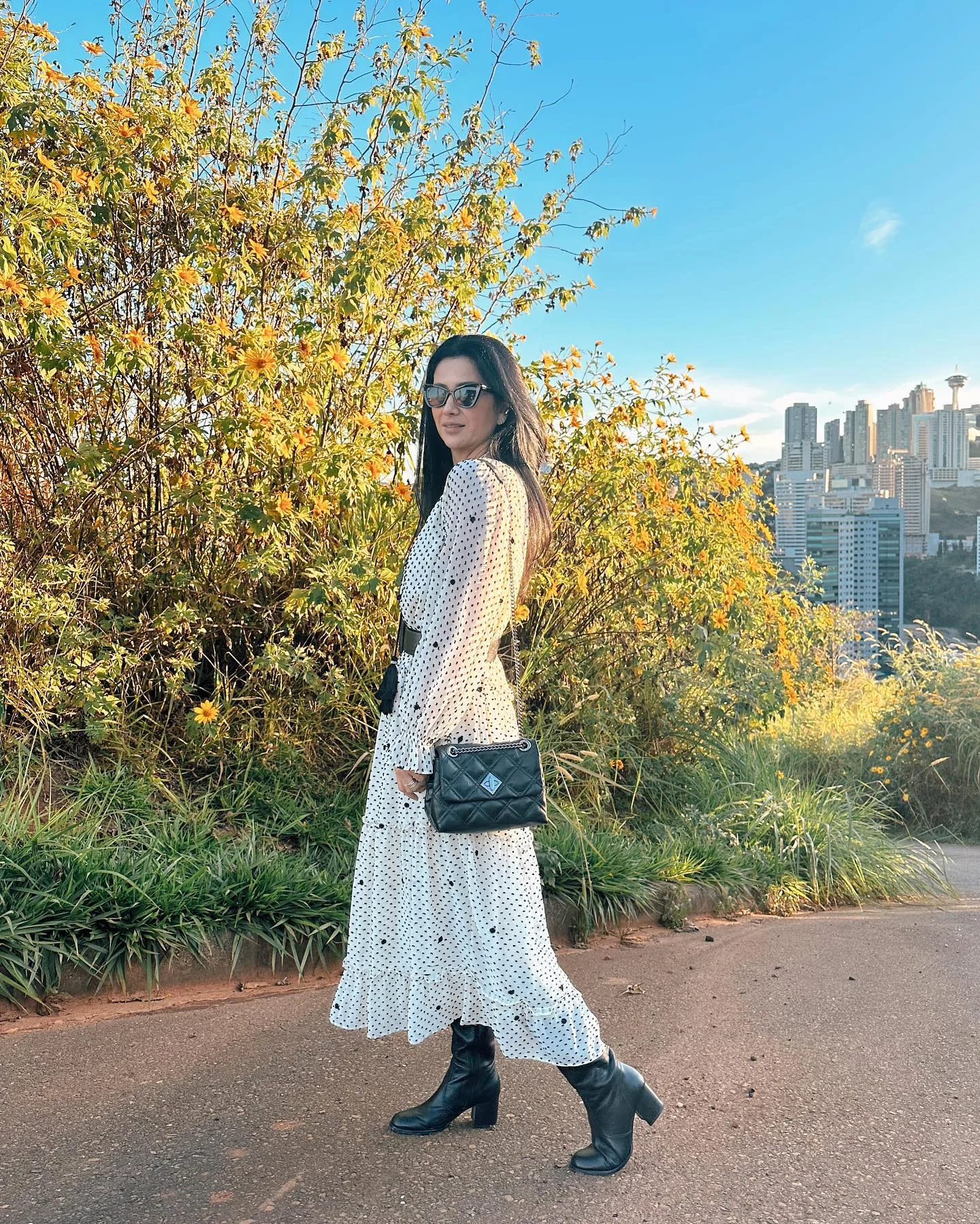 boho chic fall outfits for work 2026 Flowing Polka Dot Dresses With Modern Boots