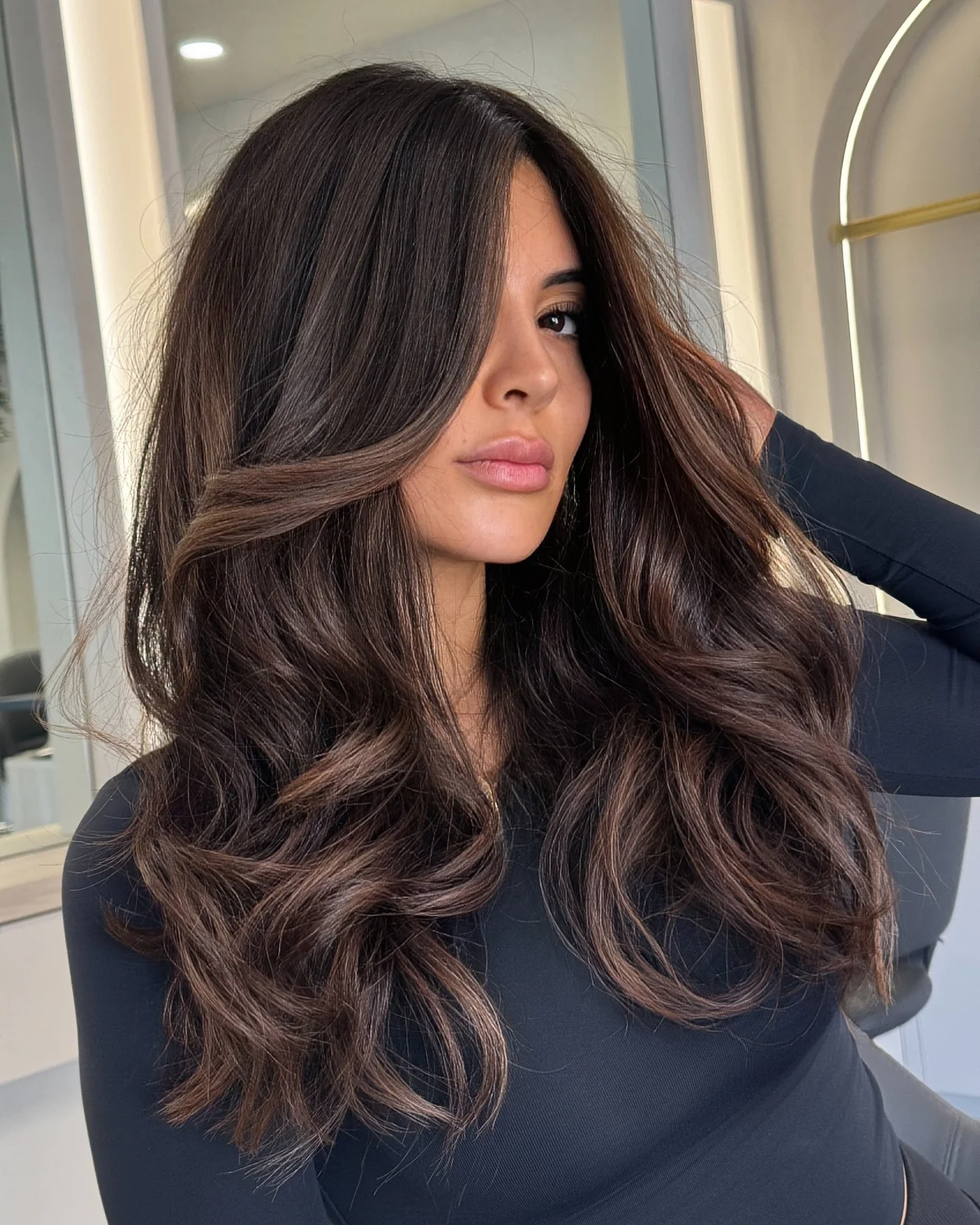 dimensional brunette hair color Dark Brunette Volume With Cool Espresso Ribbons