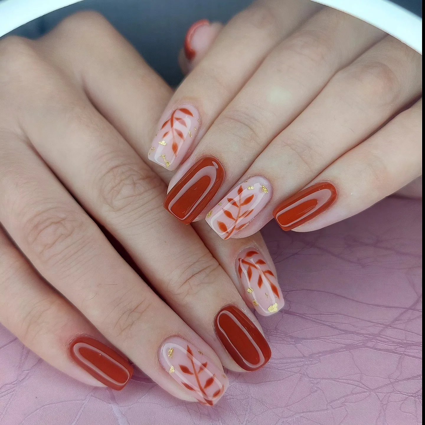 fall medium nail ideas 2026 Burnt Terracotta Botanical Minimalism
