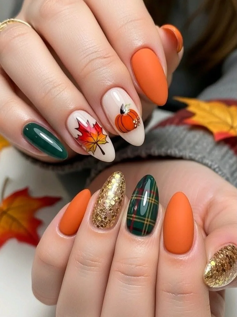 fall nail for all plates skin 2026 Cozy Harvest Nails With Plaid And Pumpkin Details