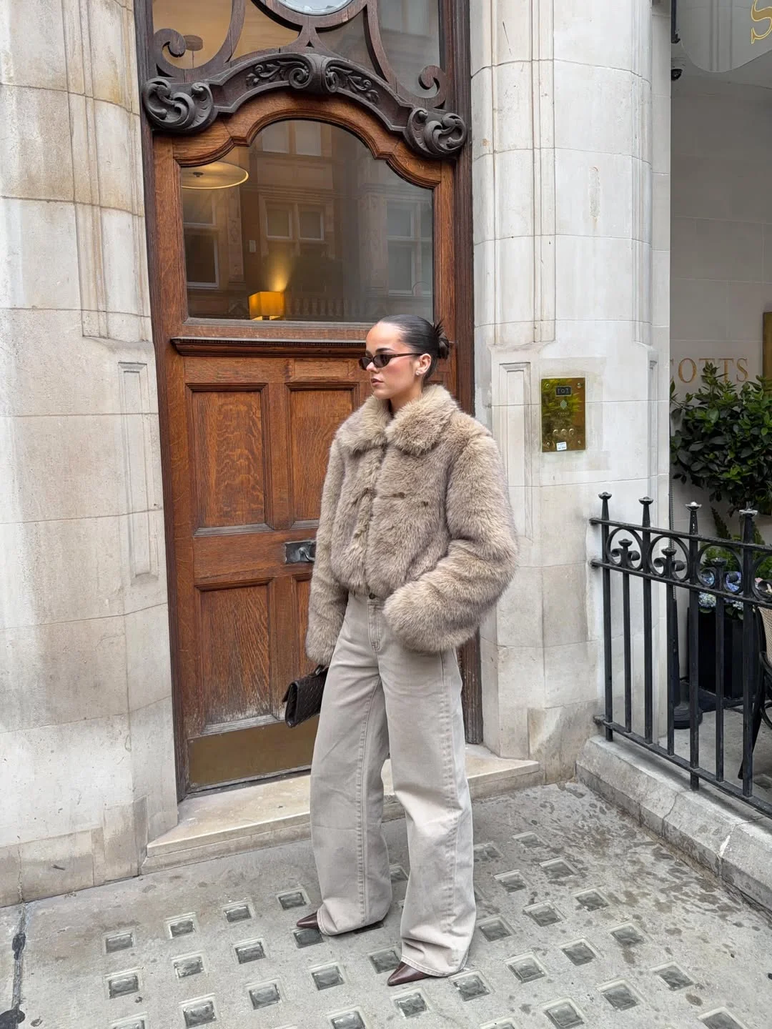 faux fur jacket Light Neutral Faux Fur With Wide-Leg Denim