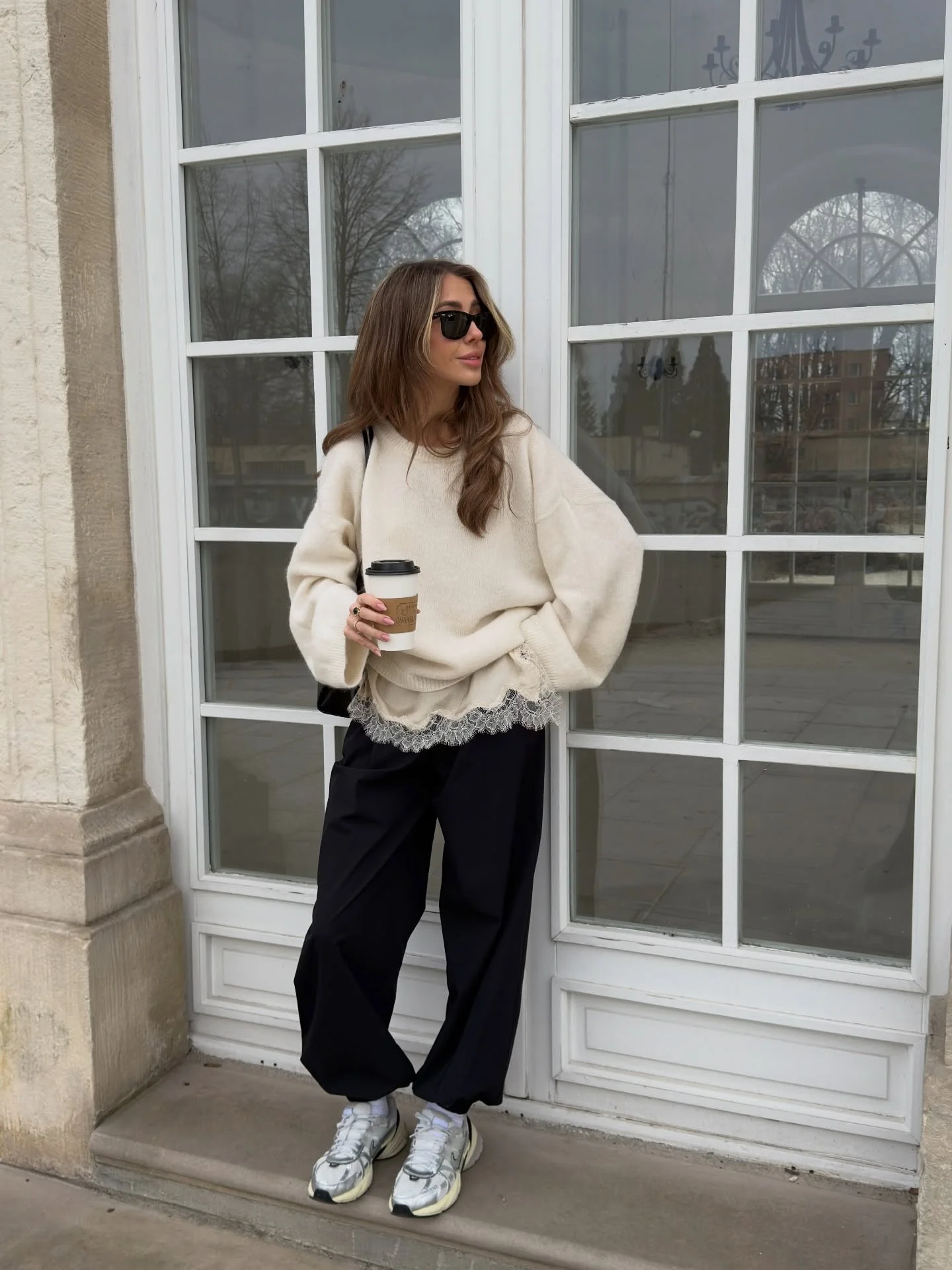lace layering fall outfit 2026 Cozy Cream Sweater With Casual Lace Layering