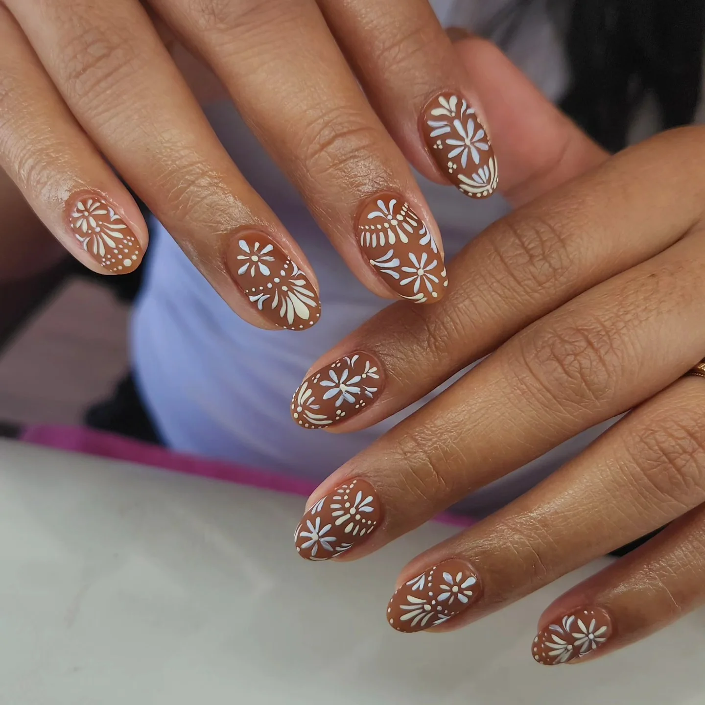 september nail art ideas 2026 Soft Brown Folk Floral Nails