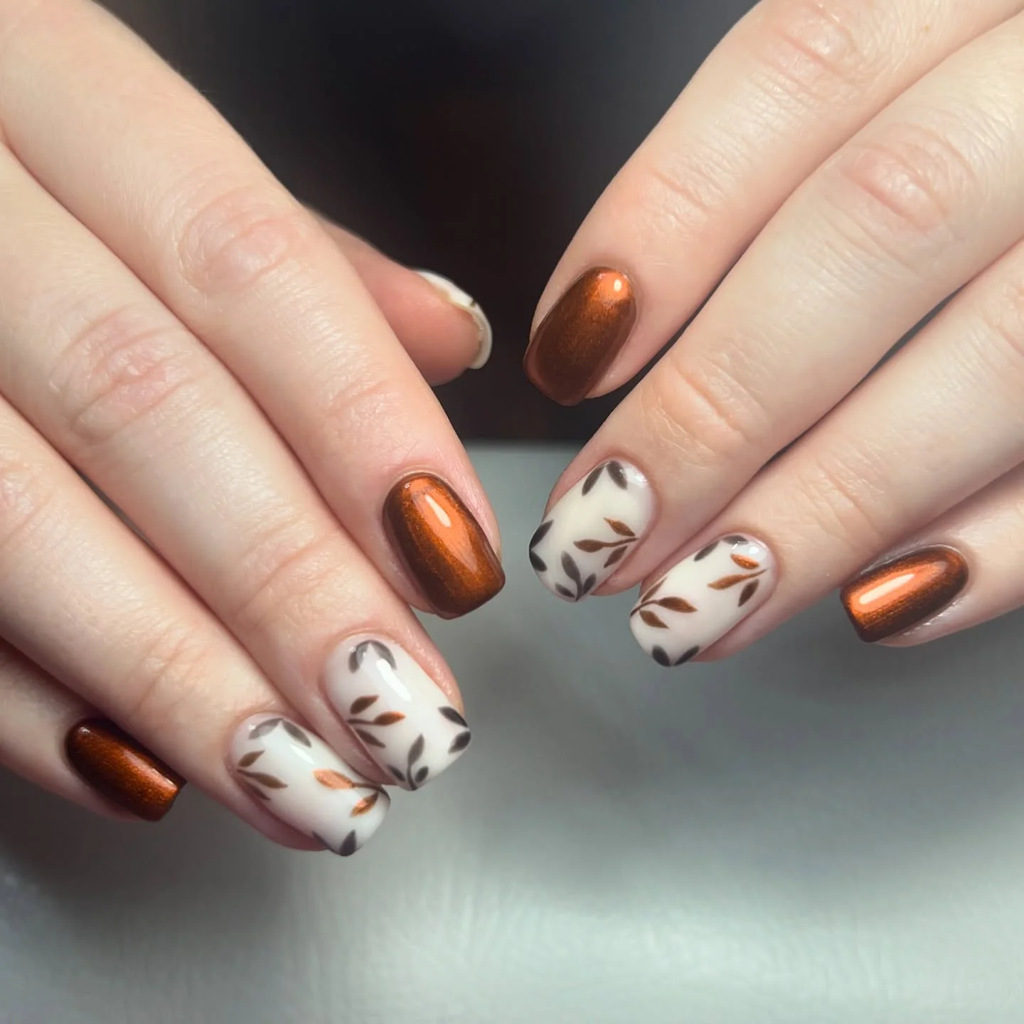 september nail designs 2026 Bronze Metallic Leaves For Cozy September Evenings