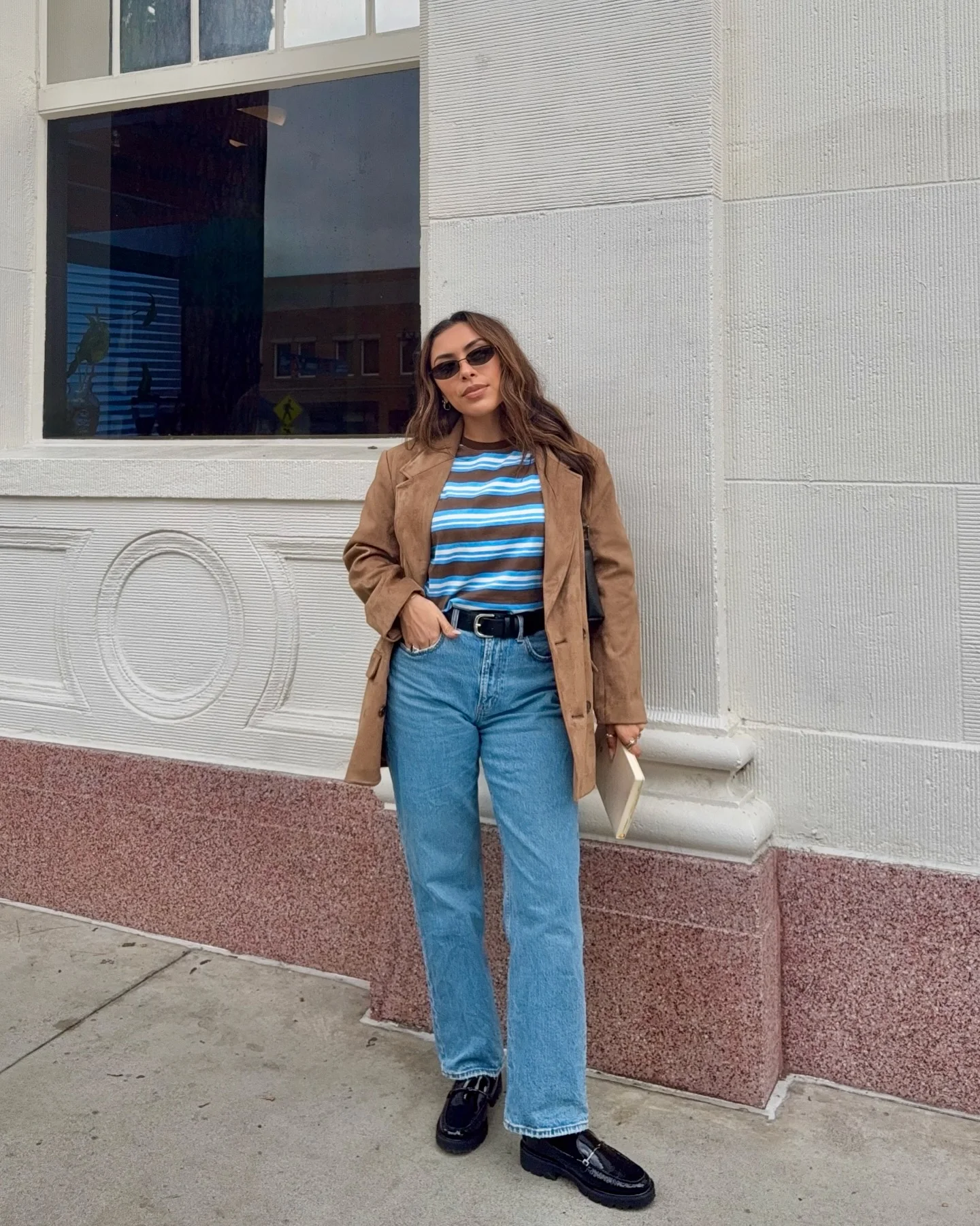 simple casual fall outfits 2026 Striped Knit And Camel Blazer For Everyday Chic