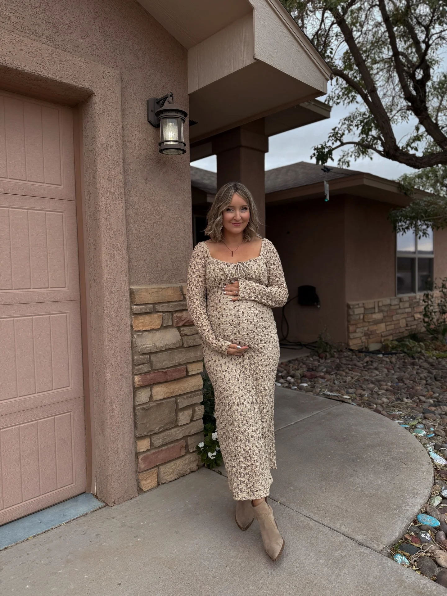 comfy pregnancy outfits for fall 2026 Textured Knit Midi Dress With Western Ankle Boots