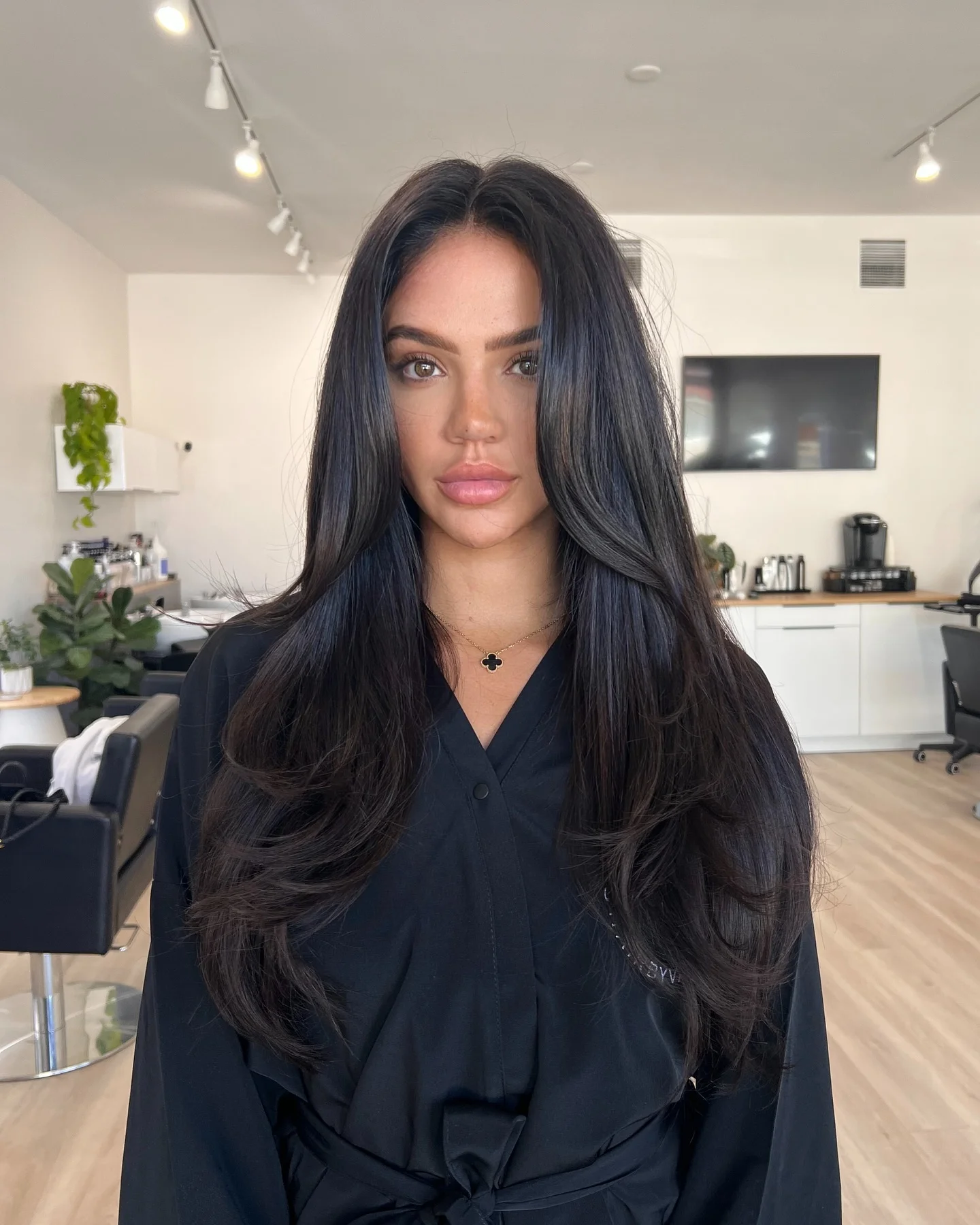 dimensional brunette hair color Glossy Midnight Brunette With Luxe Face-Framing Layers