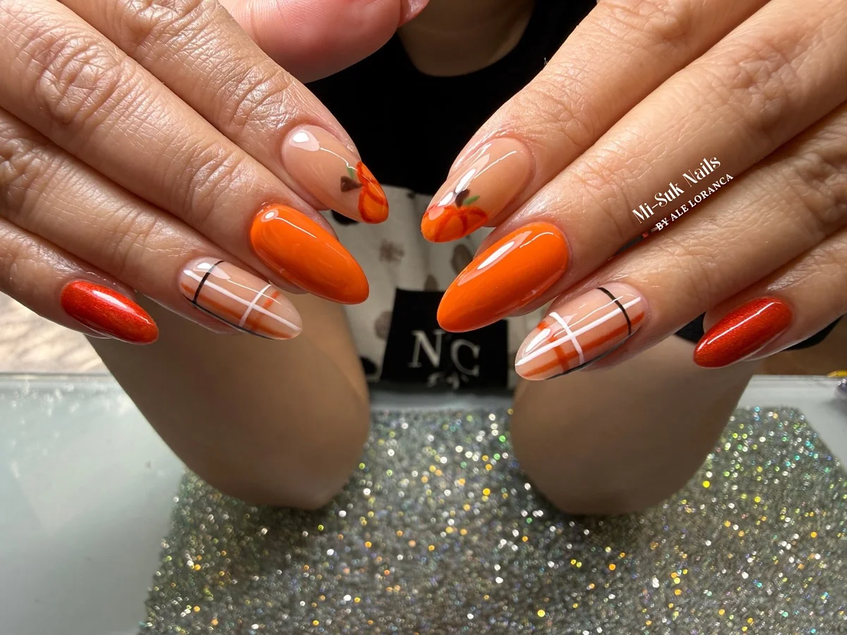 fall acrylic nails 2026 Bright Pumpkin Orange Almond Acrylic Nails