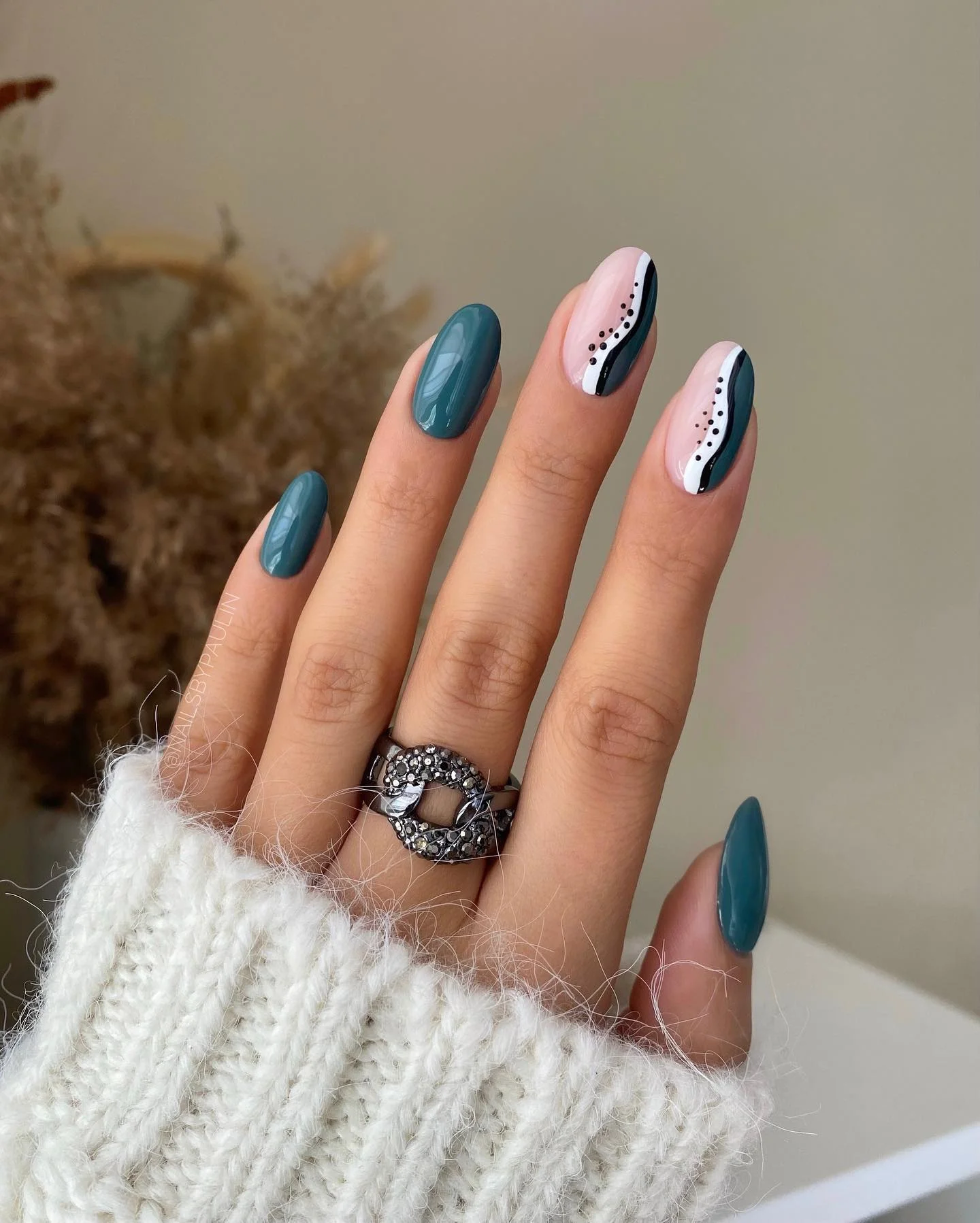 fall medium nail ideas 2026 Modern Teal Waves With Minimal Graphic Details