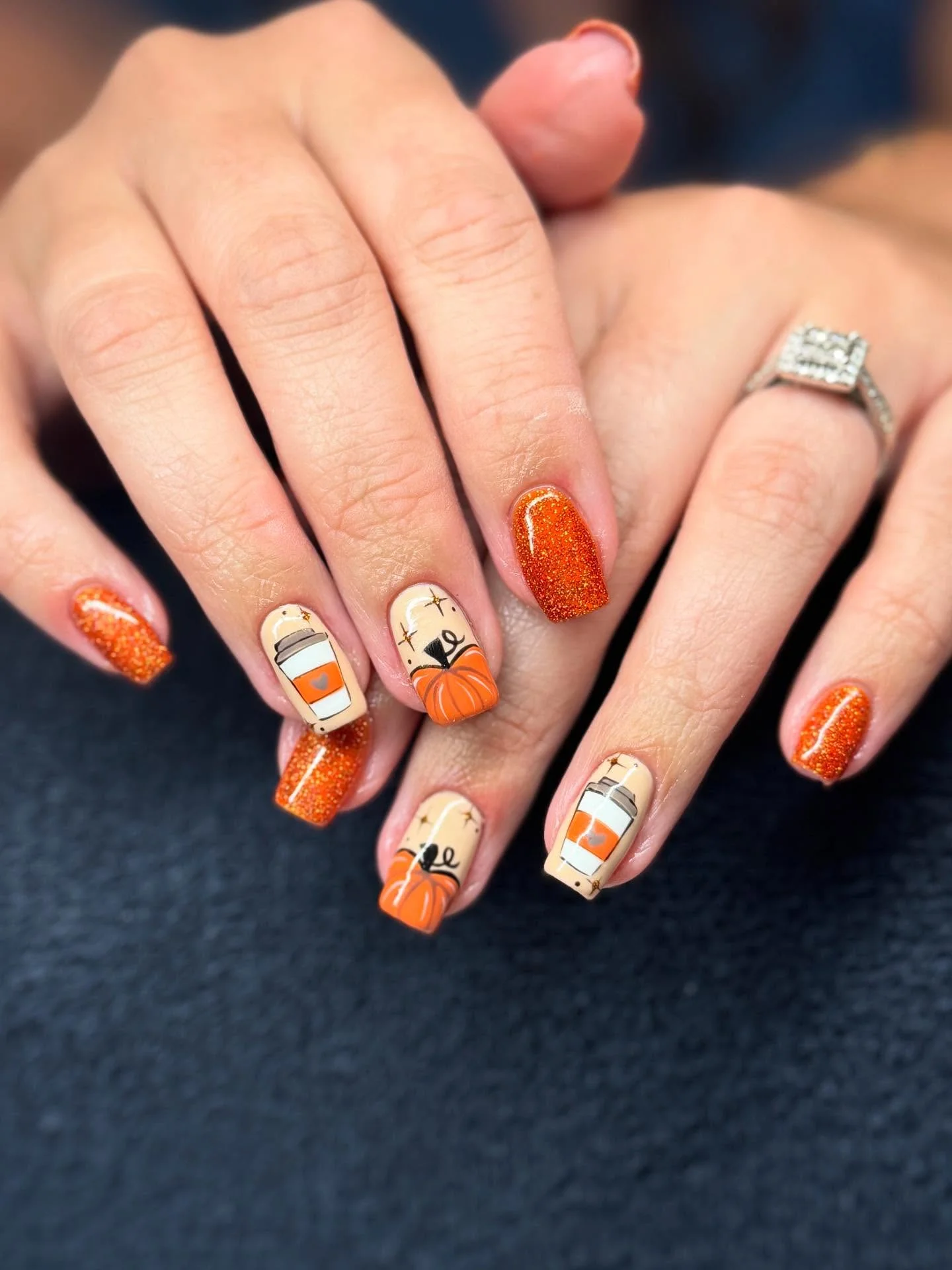fall nail art 2026 Cozy Pumpkin Latte Glitter Nails