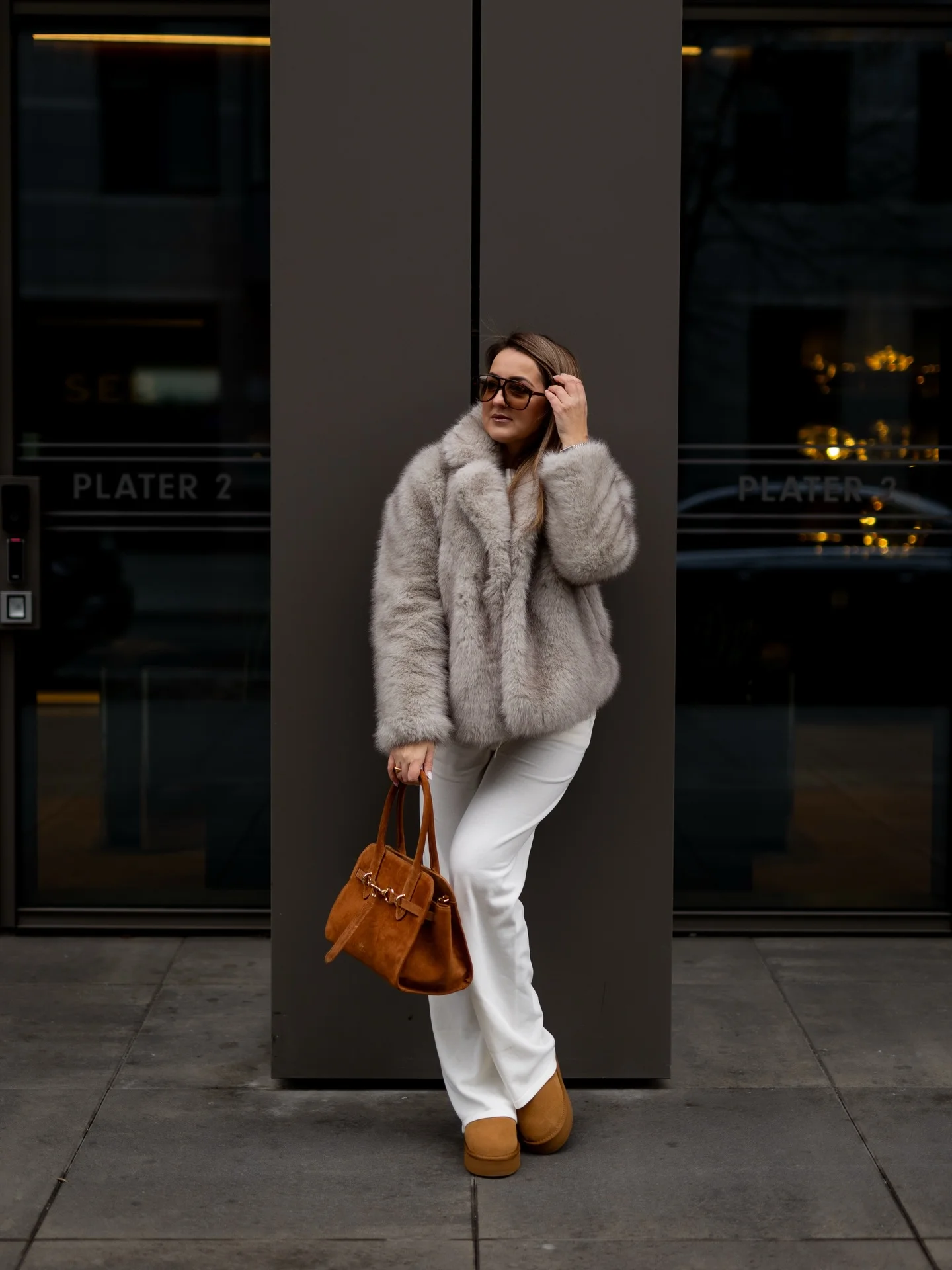 faux fur jacket Soft Grey Faux Fur With Crisp White Tailared Trousers