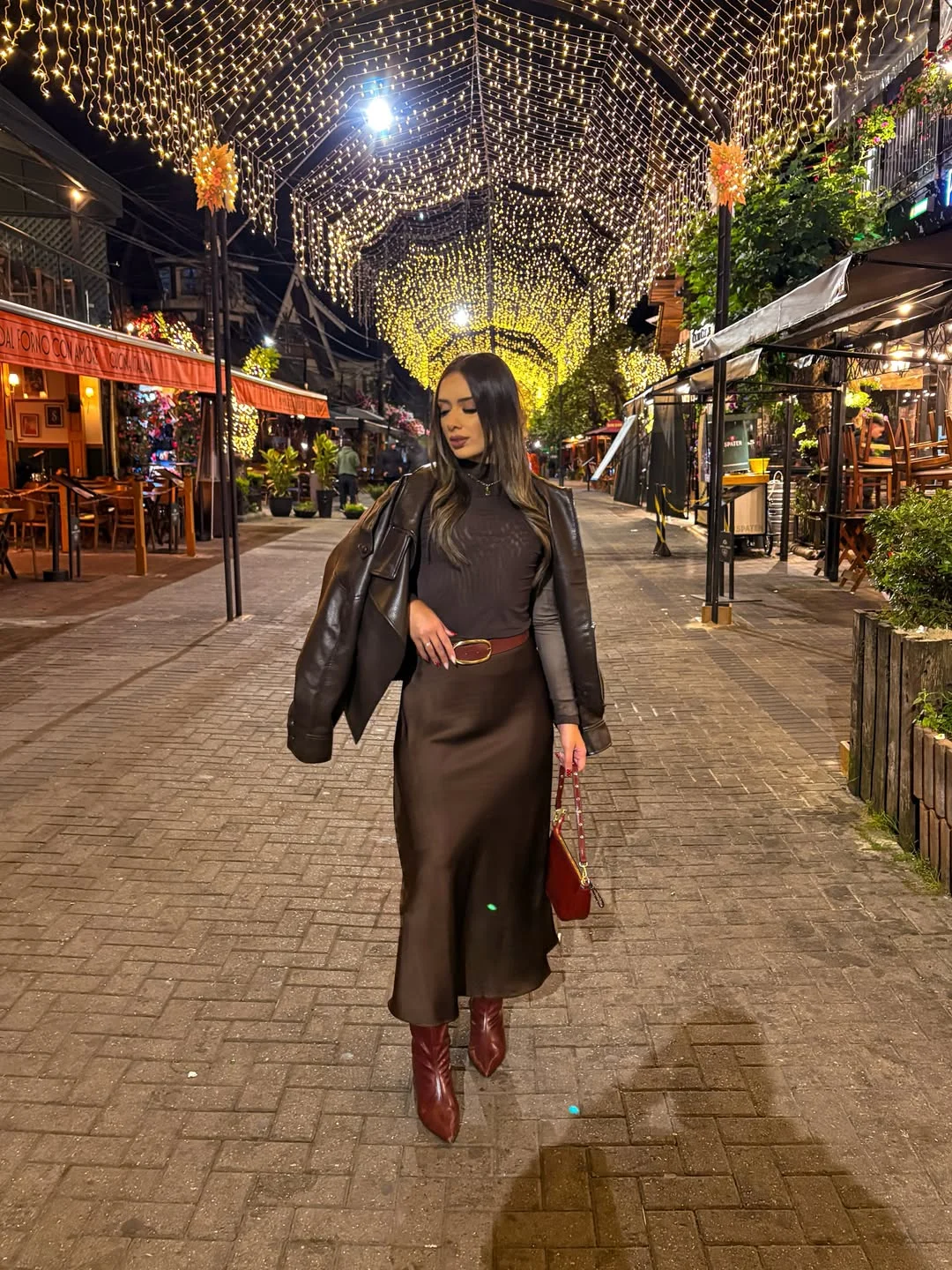 nice fall outfits for dinner 2026 Chocolate Satin Skirt With Rich Leather Layers