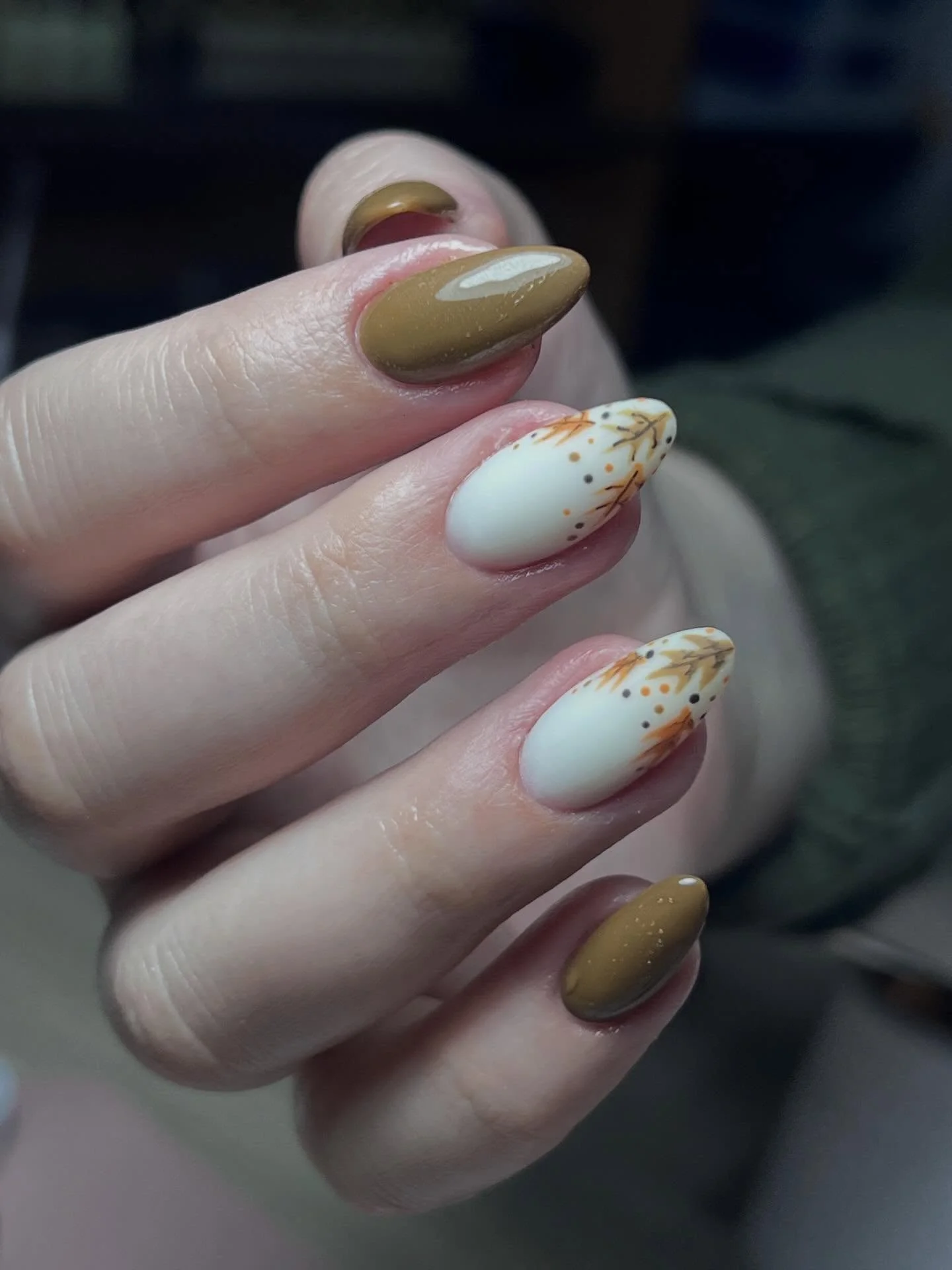 september nail designs 2026 Olive Almond Nails With Delicate Autumn Branch Art