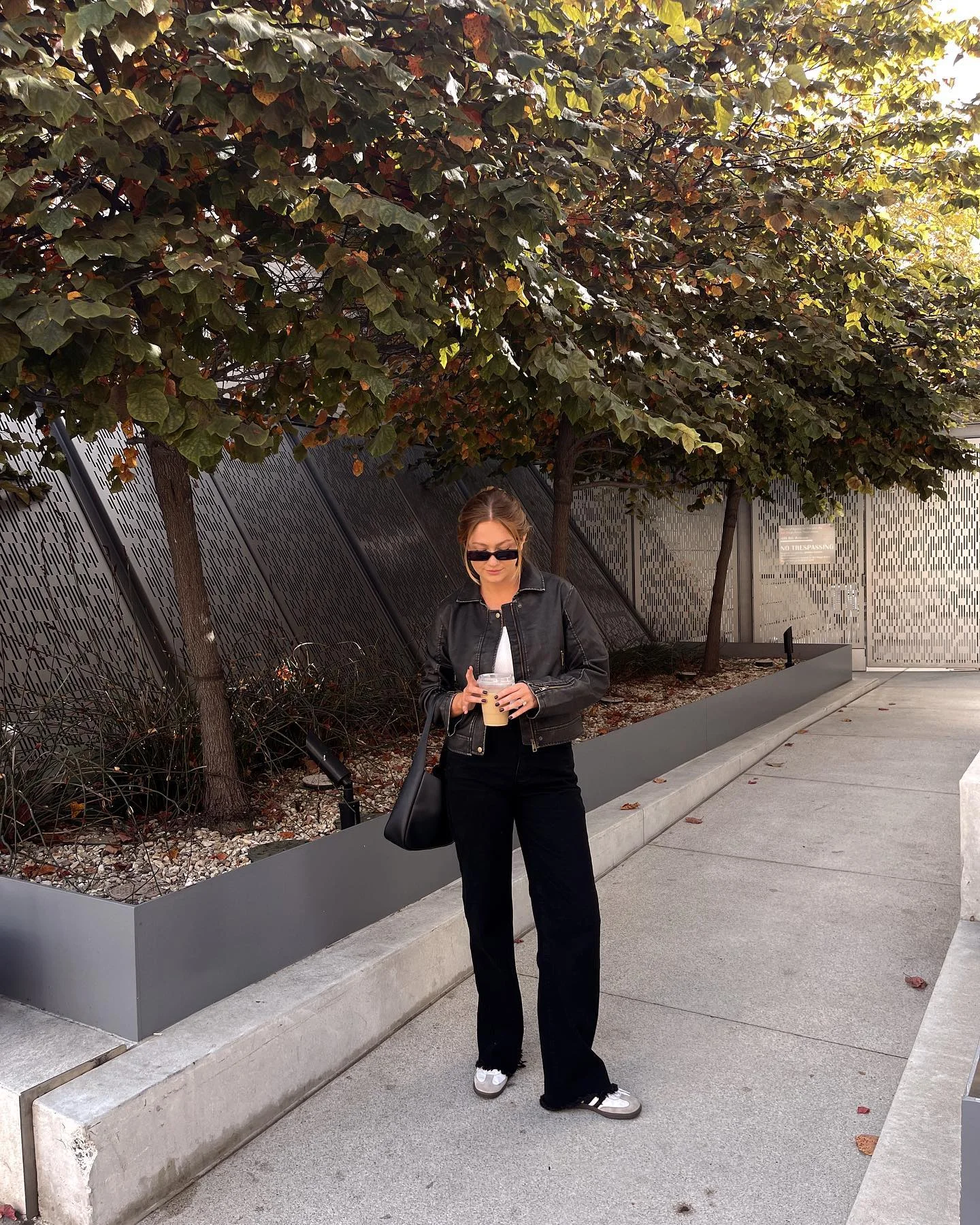 simple casual fall outfits 2026 Minimal Black Leather Jacket With Wide-Leg Denim