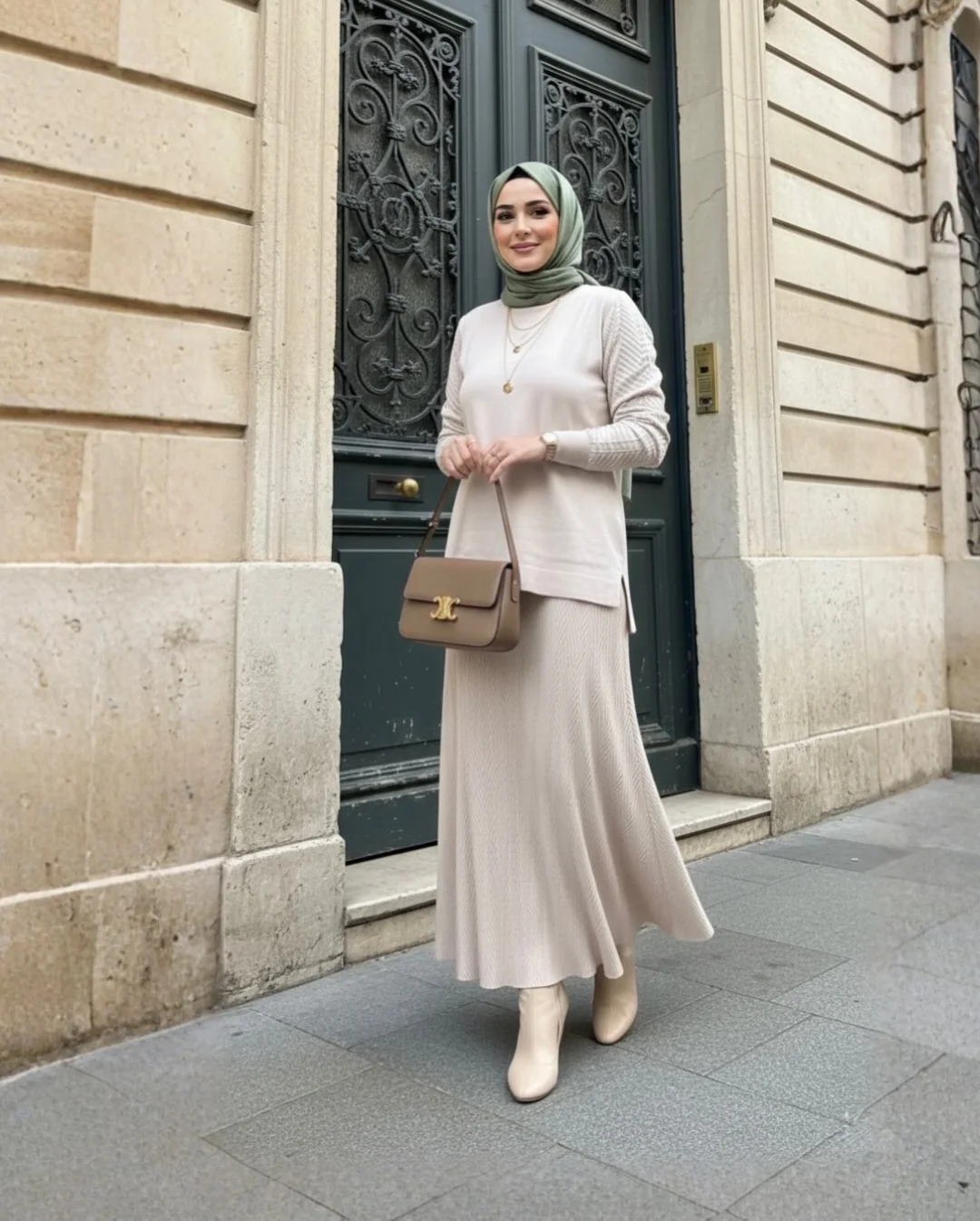 womens modest fall outfits 2026 Soft Neutral Knit Set With Sage Hijab Elegance