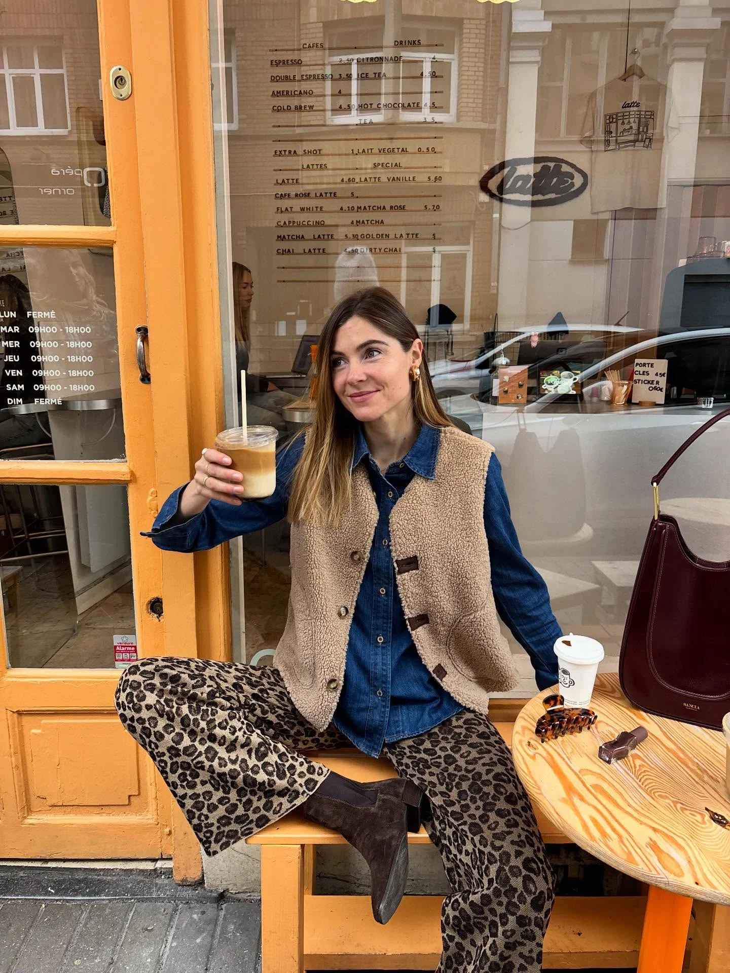 comfy fall outfits for lazy days 2026 Cozy Sherpa Vest And Leopard Pants For Casual Coffee Dates