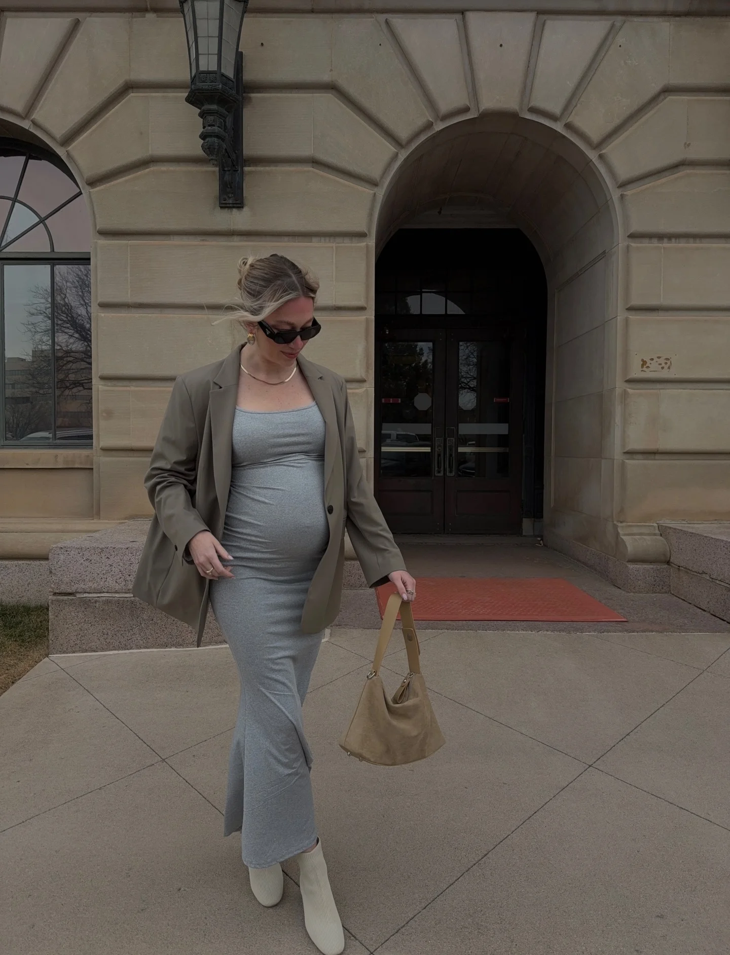 comfy pregnancy outfits for fall 2026 Soft Gray Knit Dress With An Oversized Olive Blazer