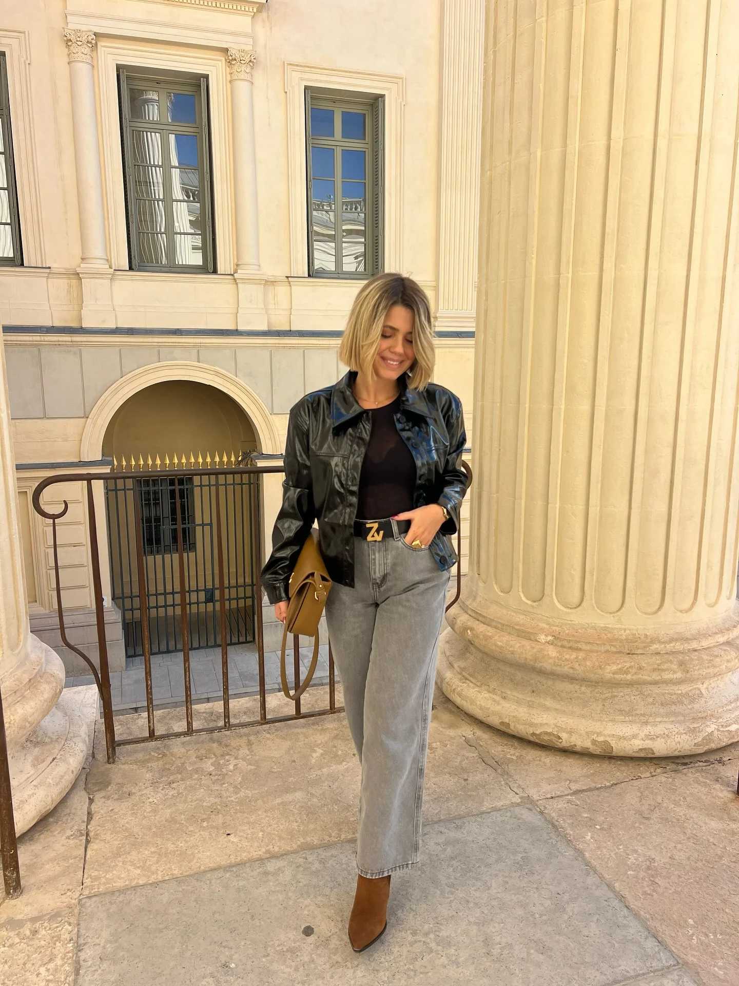 fall outfits with ankle boots 2026 Leather Jacket And Wide-Leg Denim With Modern Tan Boots