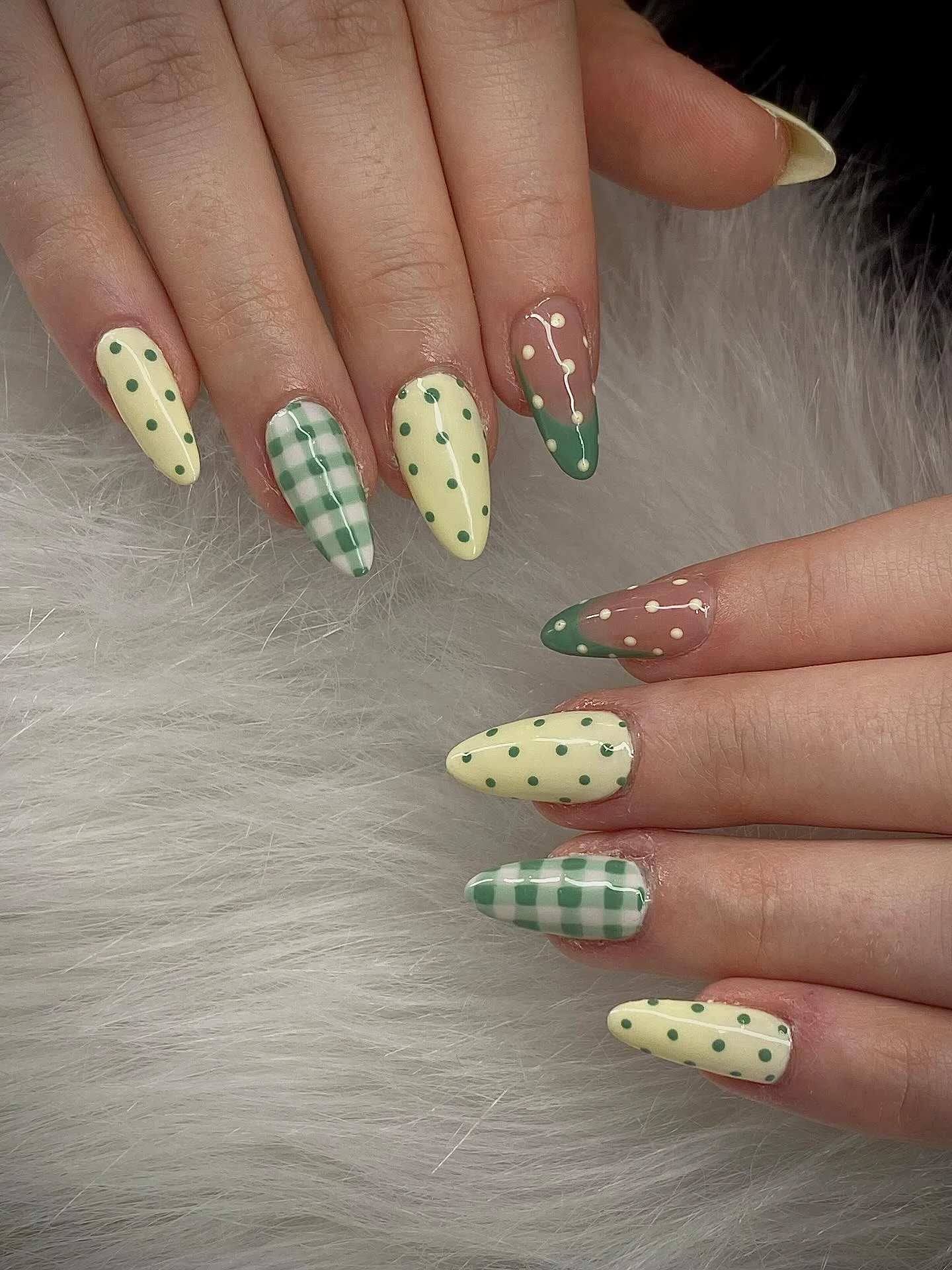 nail designs for august 2026 Soft Sage Gingham And Polka Dot Cottagecore Nails