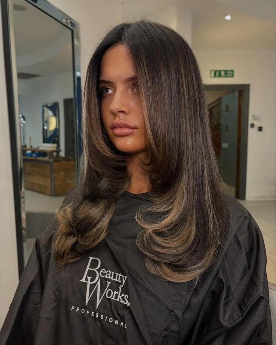 dimensional brunette hair color Smooth Mocha Layers With Soft Curved Ends