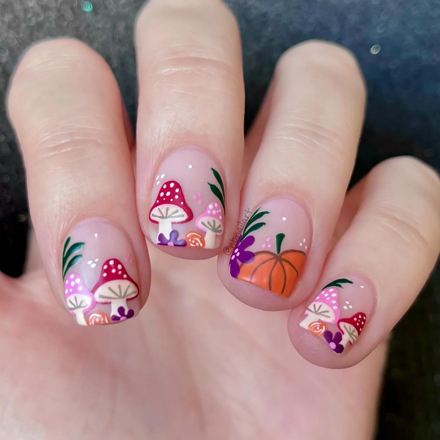 fall nail art 2026 Sweet Woodland Mushroom Garden