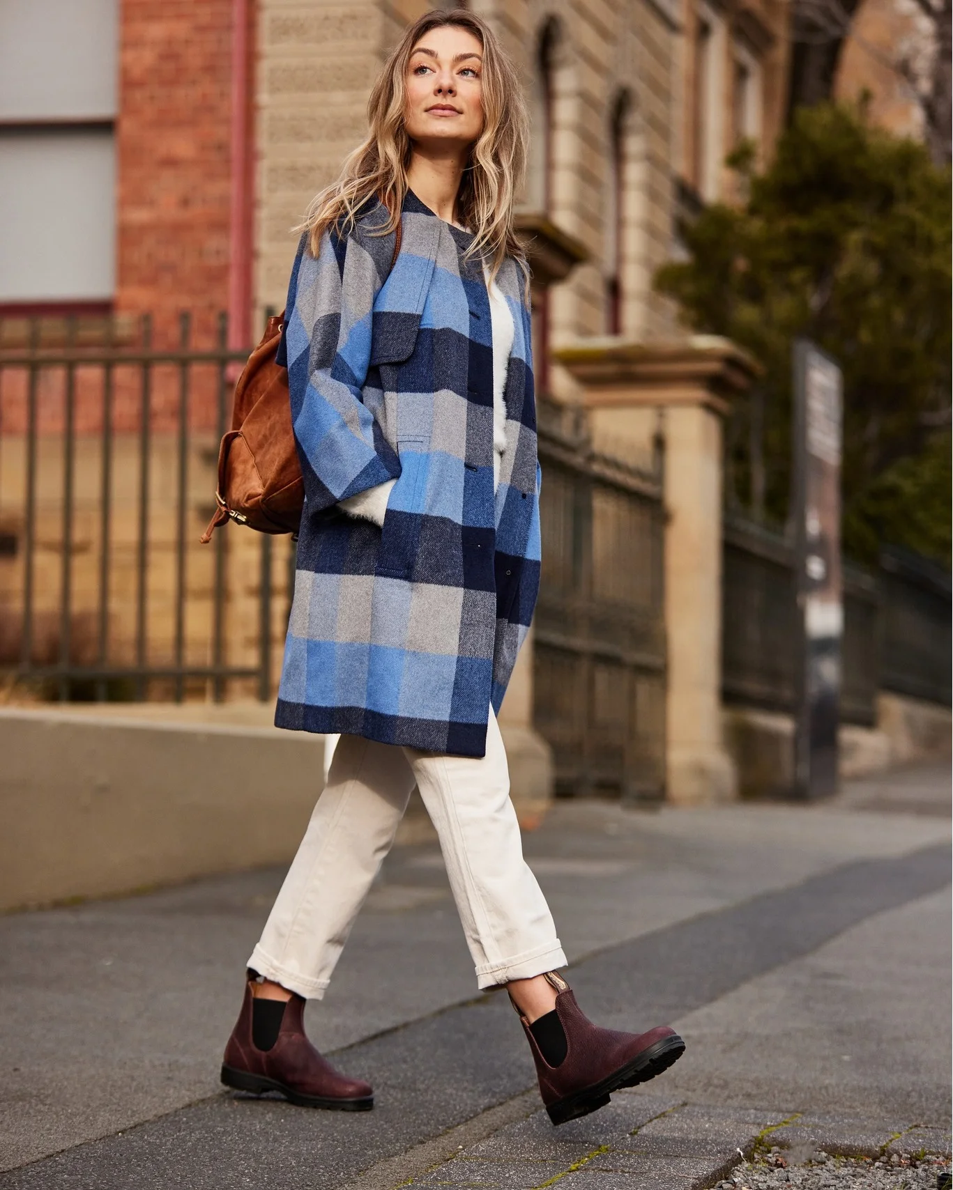 fall outfits with chelsea boots 2026 Blue Plaid Coat And Brown Chelsea Boots With Weekend Charm