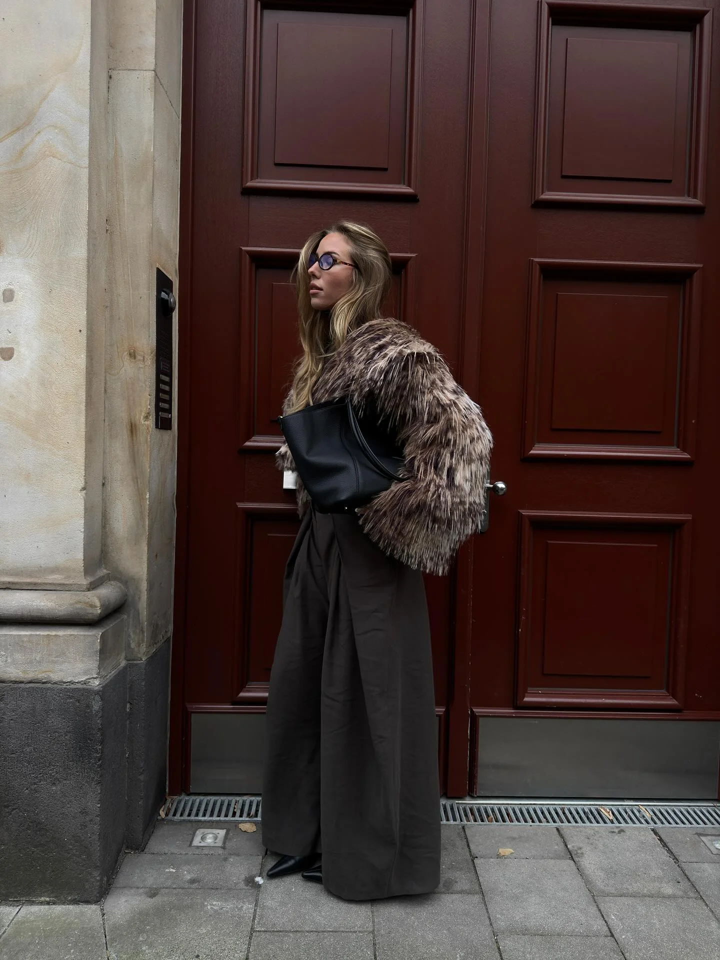 faux fur jacket Textured Brown Faux Fur With Dramatic Wide-Leg Tailoring