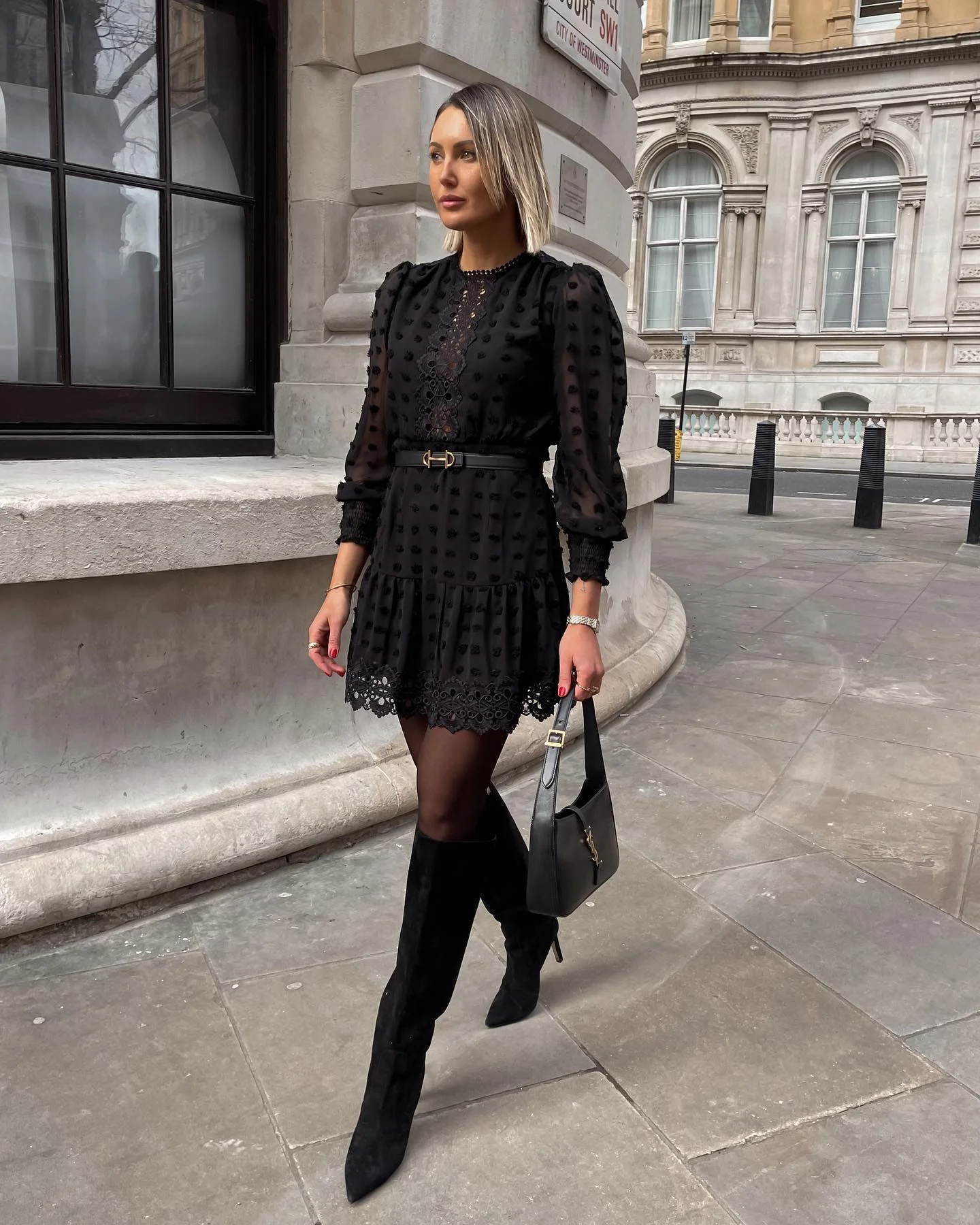 going out outfits fall 2026 Romantic Black Dress With Statement Knee-High Boots