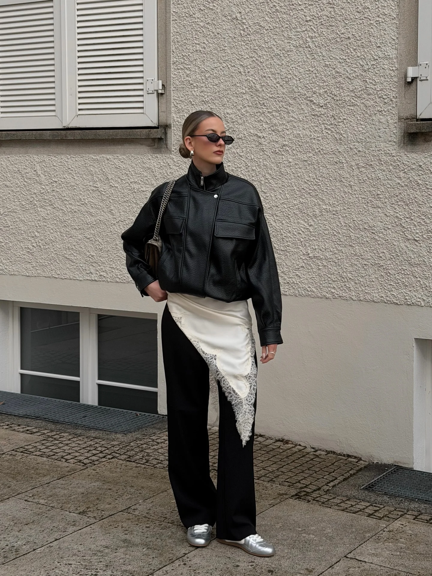 lace layering fall outfit 2026 Modern Black Leather With Elegant Satin Lace