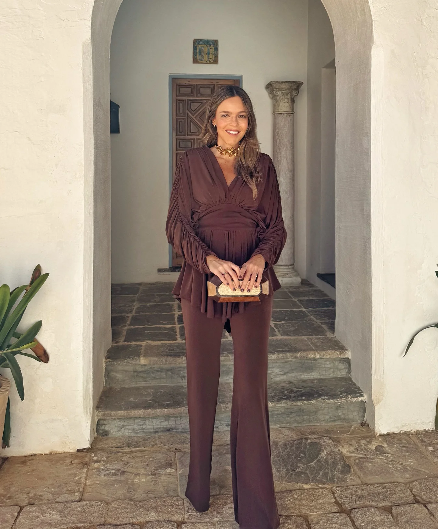 nice fall outfits for dinner 2026 Chocolate Wide-Leg Set With Statement Gold Accessories