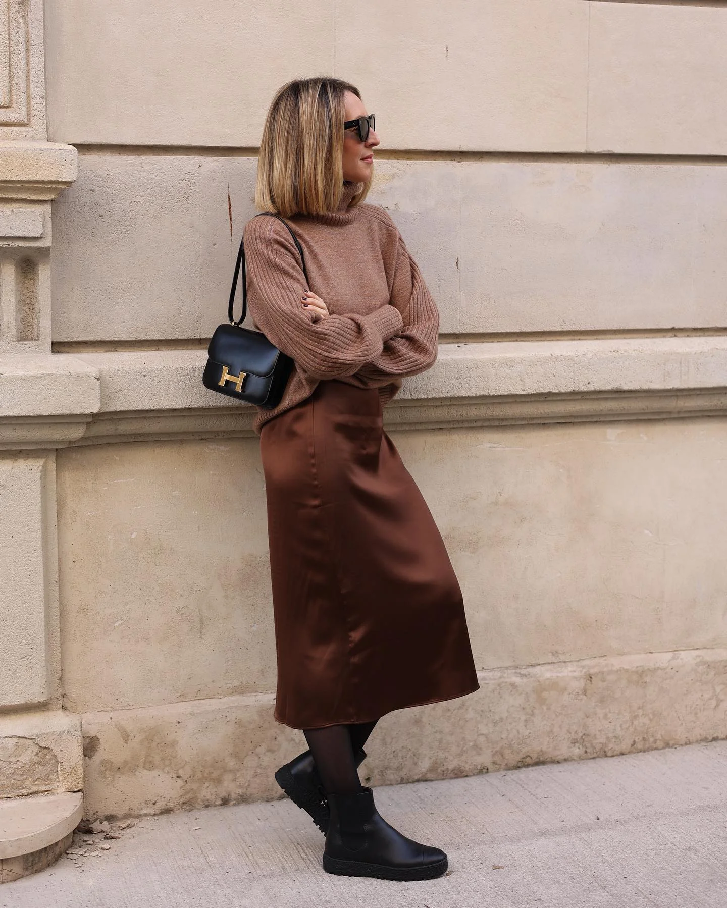 womens modest fall outfits 2026 Warm Cinnamon Sweater With Chocolate Satin Midi Skirt