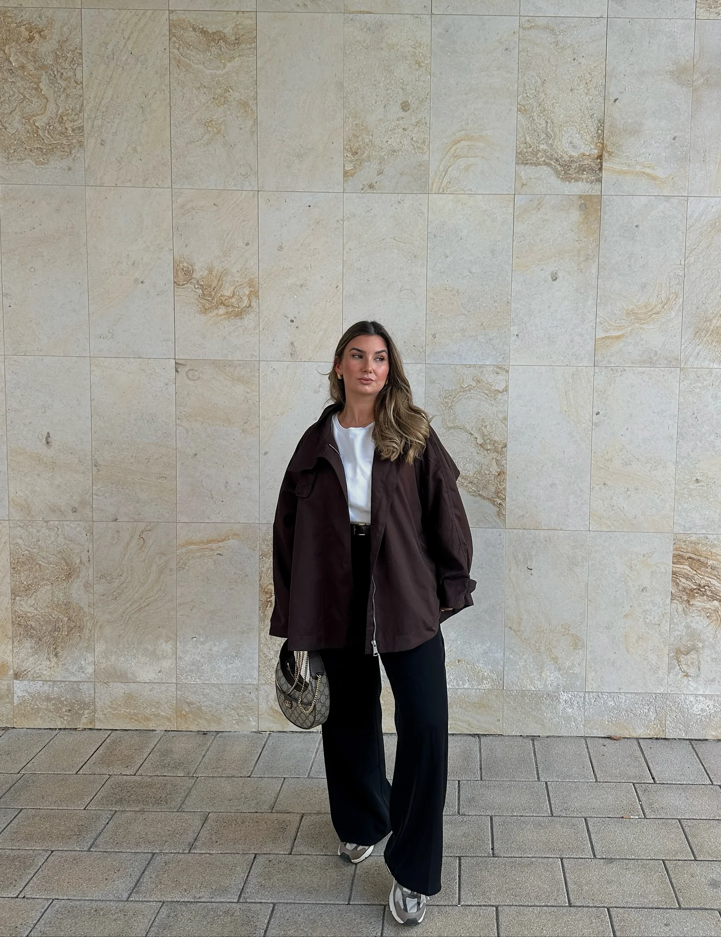 fall comfy outfits 2026 Relaxed Chocolate Jacket With Wide Black Trousers