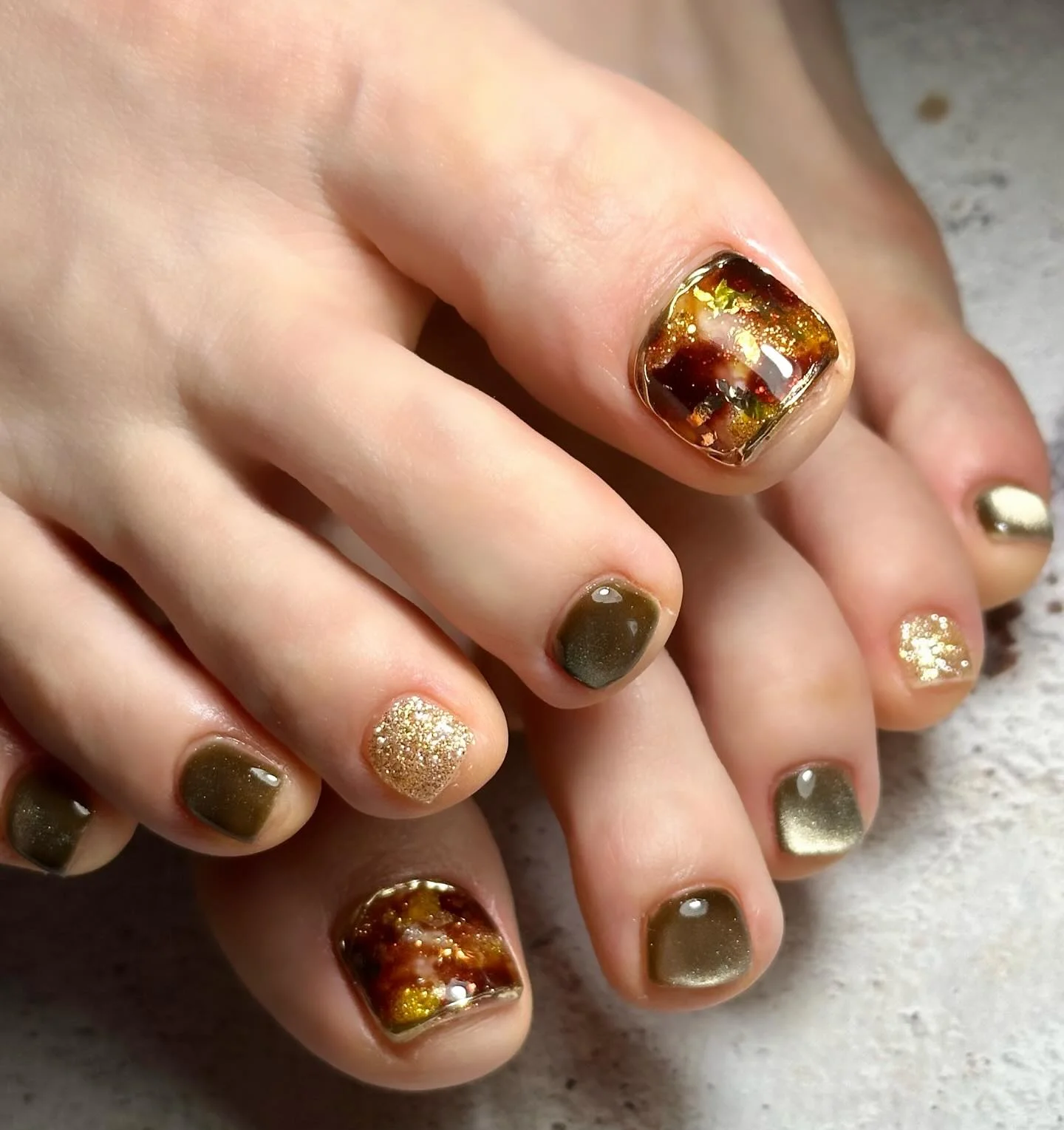 fall pedicure ideas 2026 Olive Cat Eye With Amber Foil Luxury