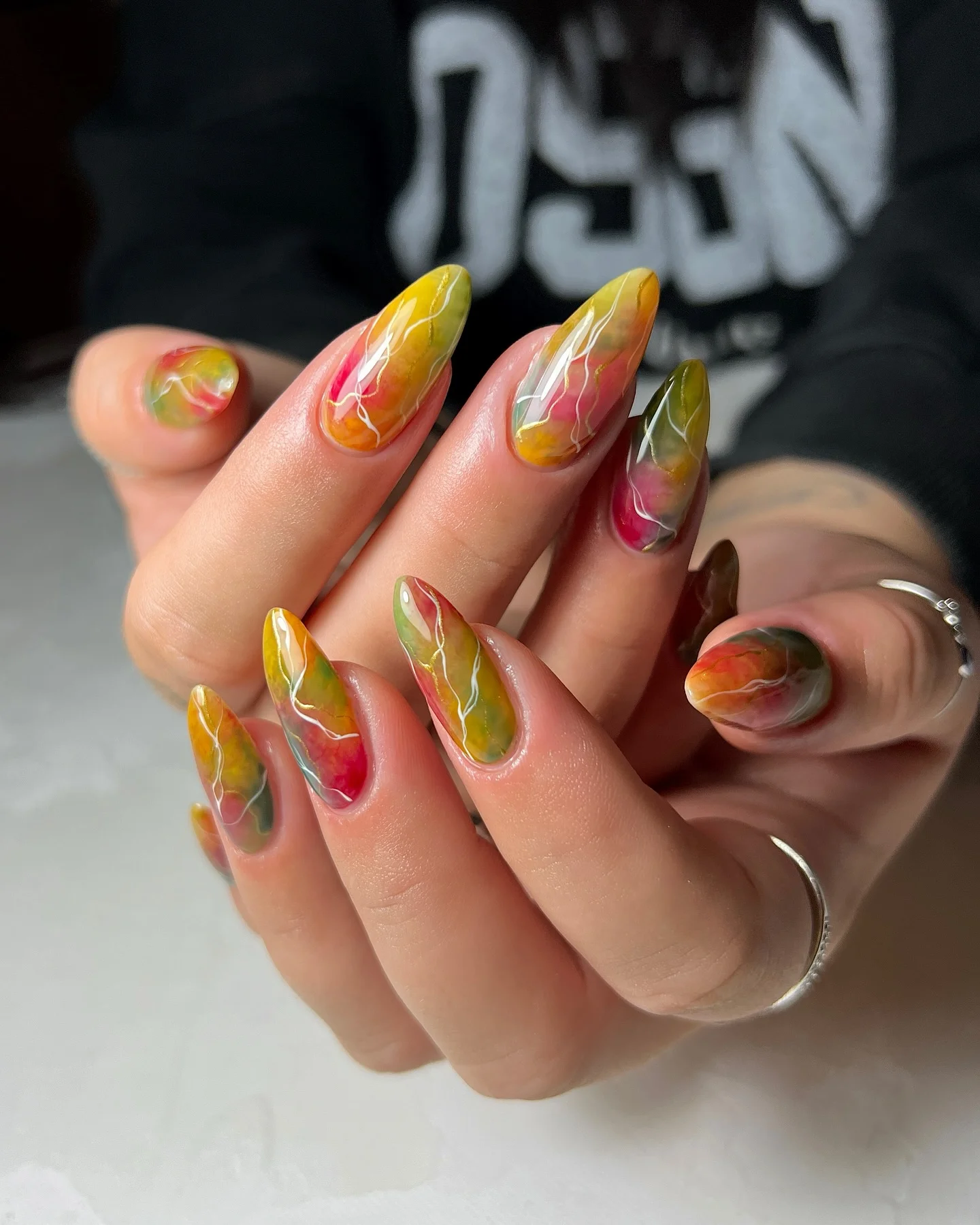 september nail art ideas 2026 Abstract Autumn Watercolor Almond Nails