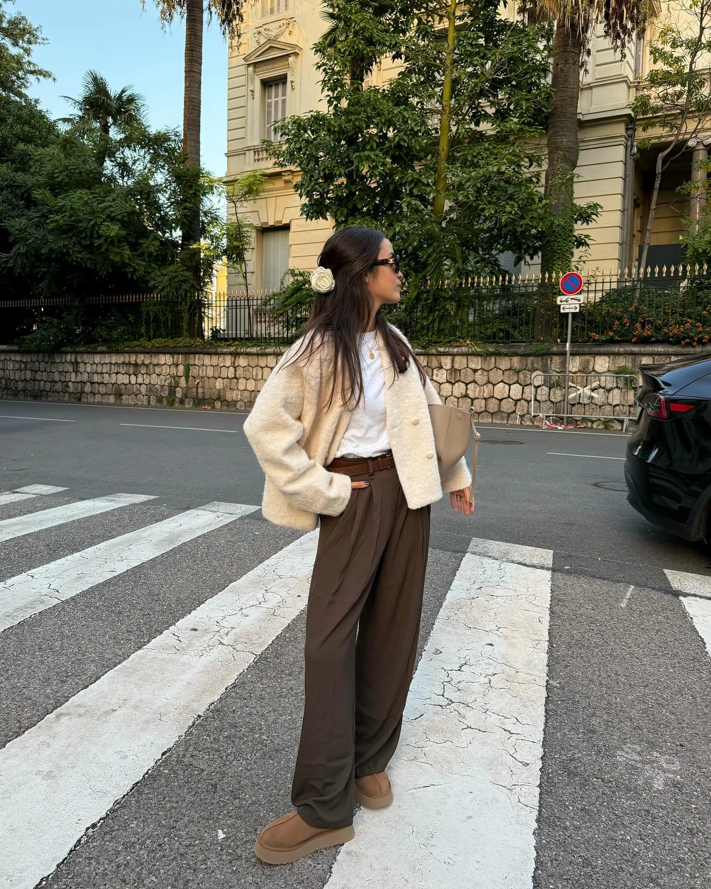 cute comfy fall outfits 2026 Soft Cream Layers With Flowing Chocolate Trousers