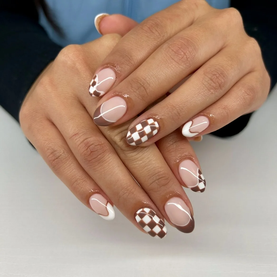 fall manicure 2026 Modern Brown Checkerboard French Nails