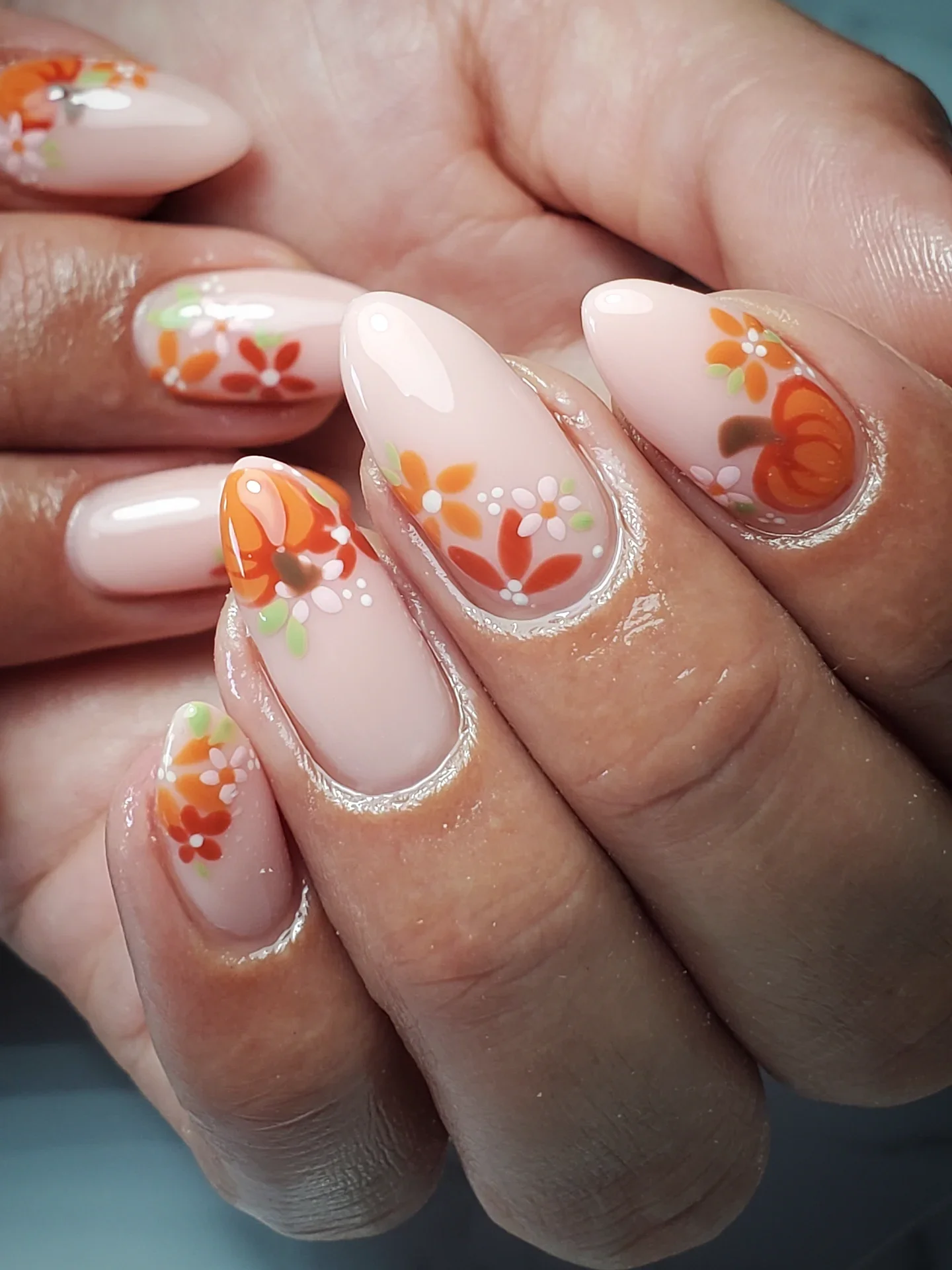 fall medium nail ideas 2026 Delicate Pumpkin Blossom Almond Nails