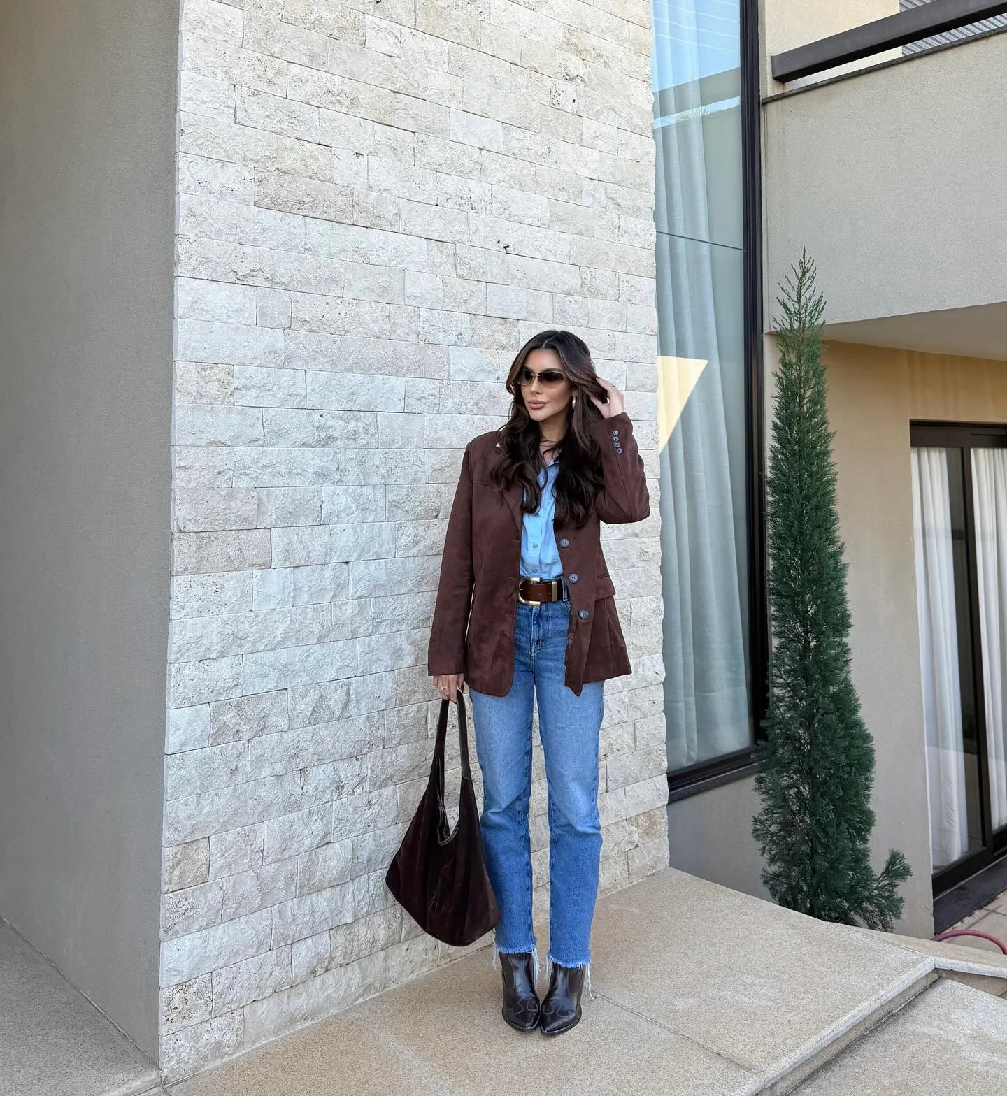 fall outfits with ankle boots 2026 Classic Blue Denim With A Rich Espresso Blazer