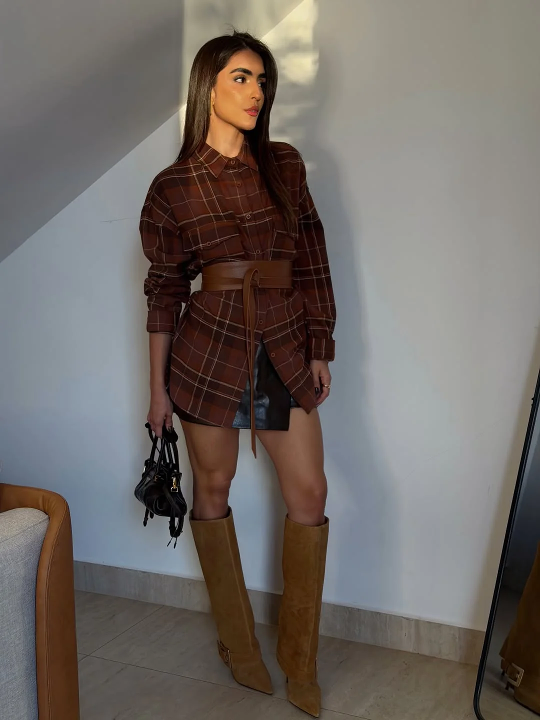 going out outfits fall 2026 Plaid Shirt Layers With Suede Boots For Cozy Nights Out