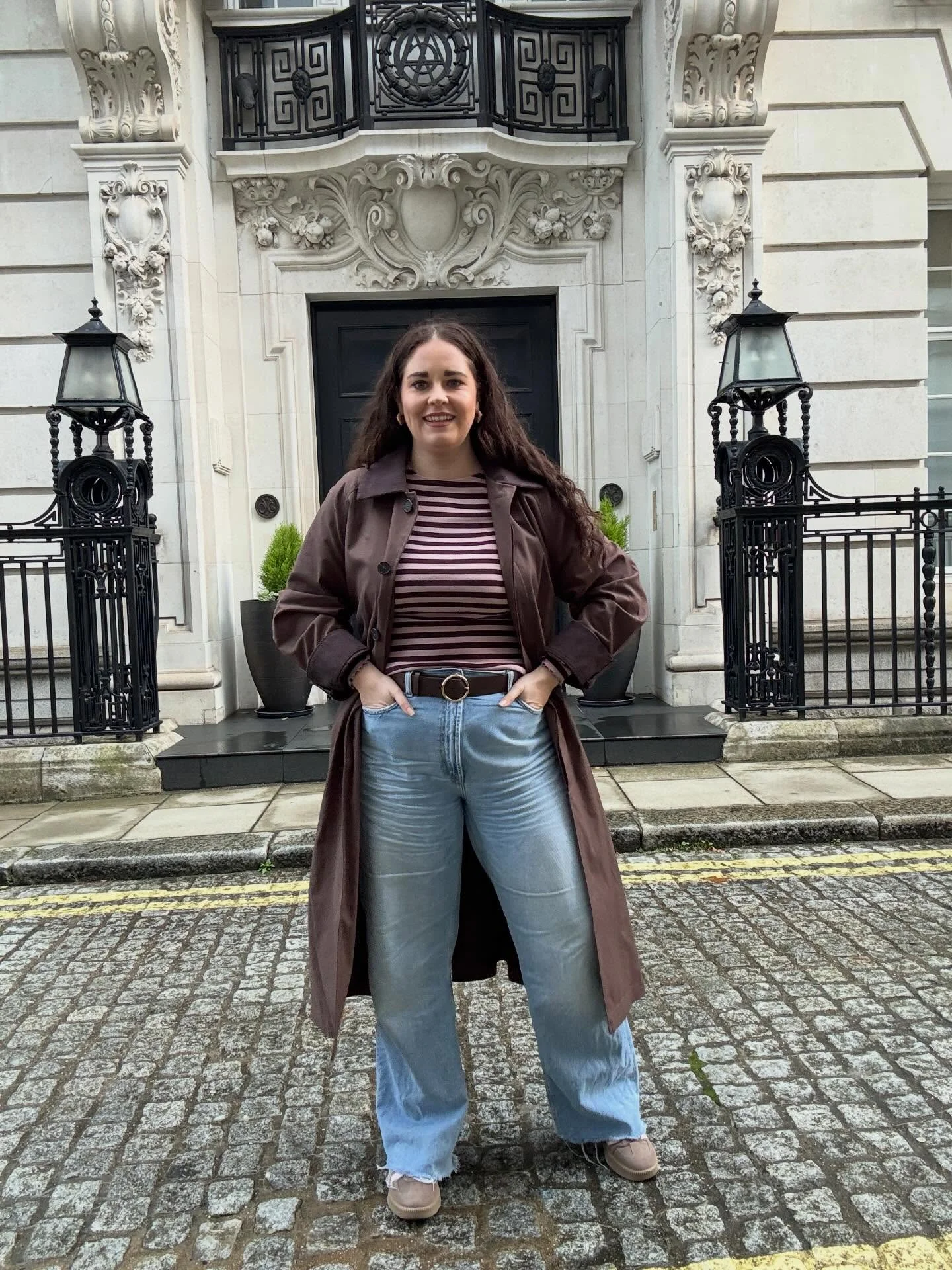 midsize fall fashion outfits 2026 Striped Knit And Long Coat With Relaxed Wide-Leg Denim