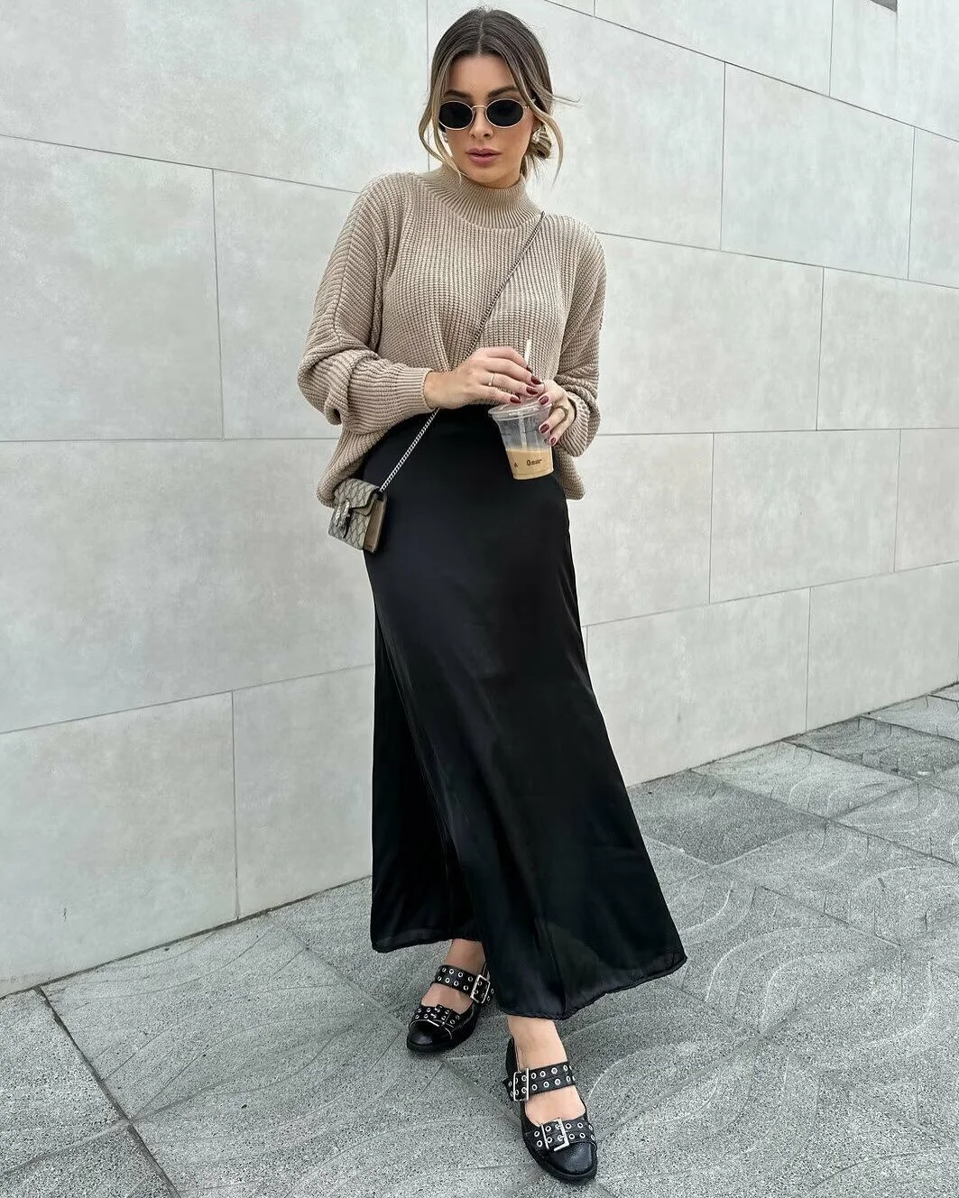 must have fall outfits 2026 Soft Knit Sweater With Flowing Satin Skirt