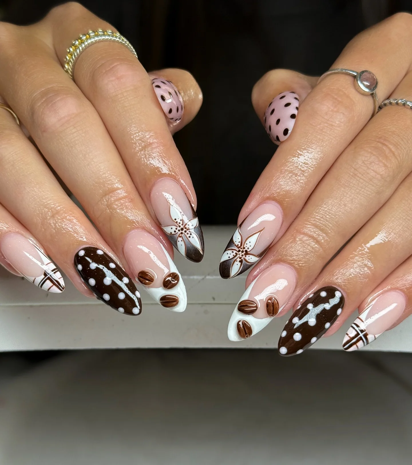 september nail art ideas 2026 Coffee Inspired French Nails With Playful Espresso Details