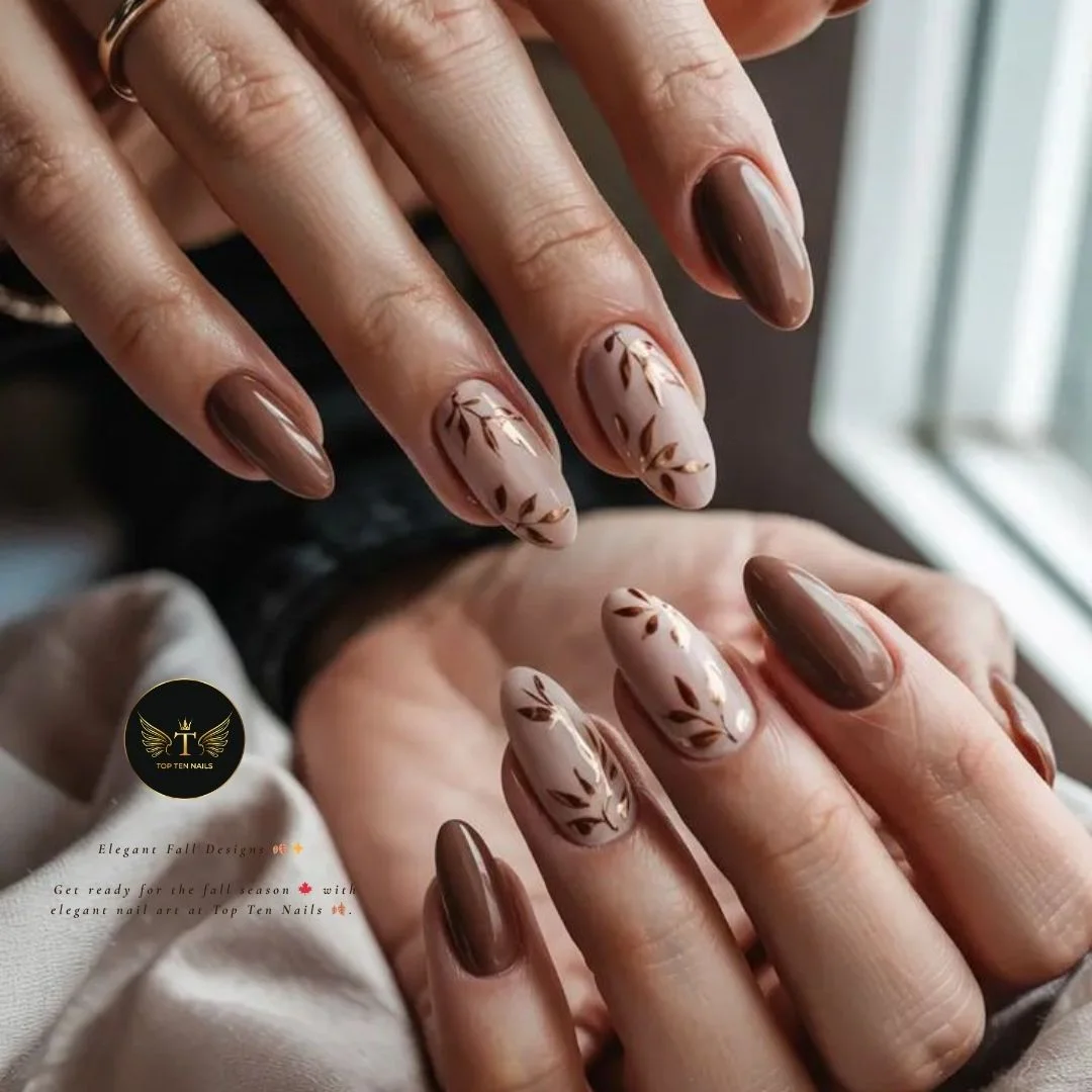 september nail designs 2026 Elegant Nude Botanical Almond Nails With Cocoa Branches