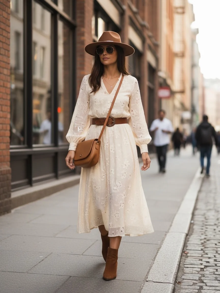 boho chic fall outfits for work 2026 Cream Embroidered Dress With Classic Western Accessories