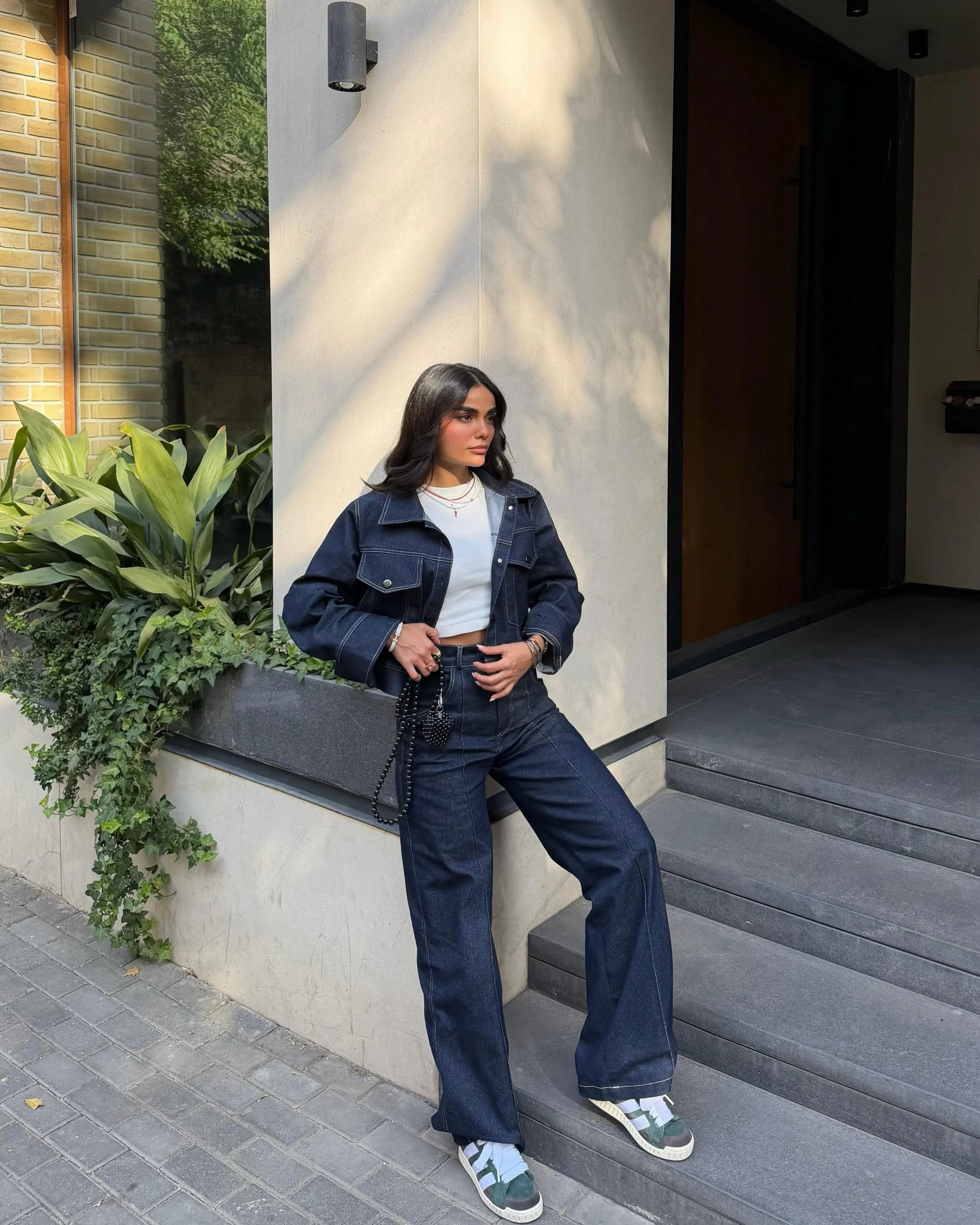 early fall outfits late summer Dark Denim Matching Set With Modern Street Style Energy