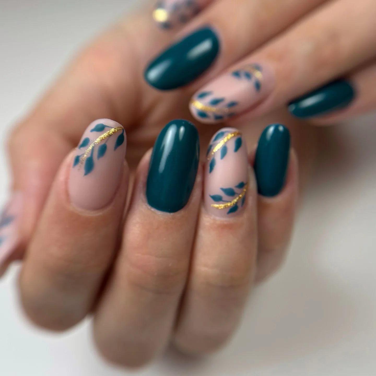 fall medium nail ideas 2026 Emerald Botanical Elegance With Golden Details