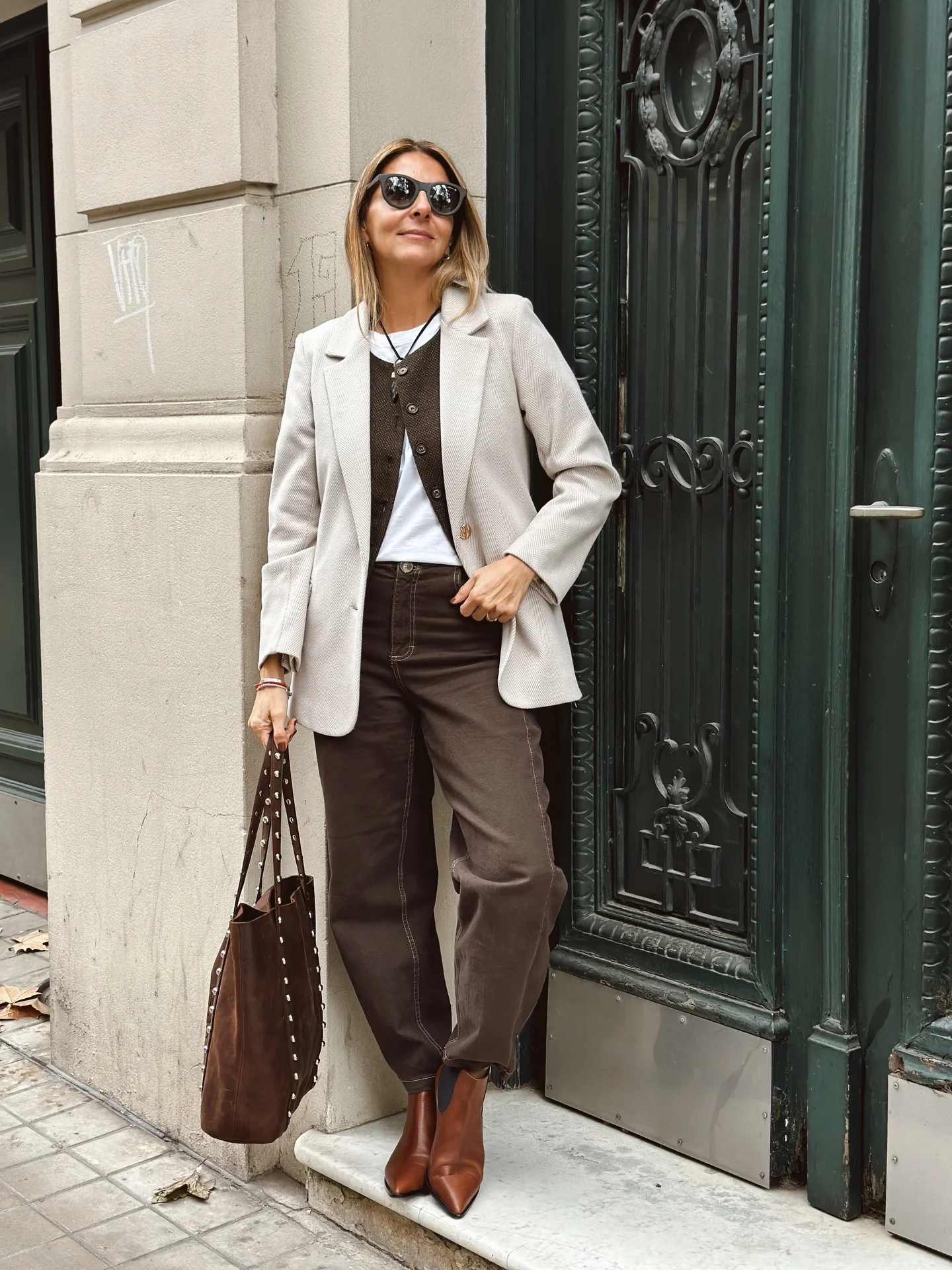 fall outfits with ankle boots 2026 Soft Neutral Tailoring With Rich Cognac Ankle Boots