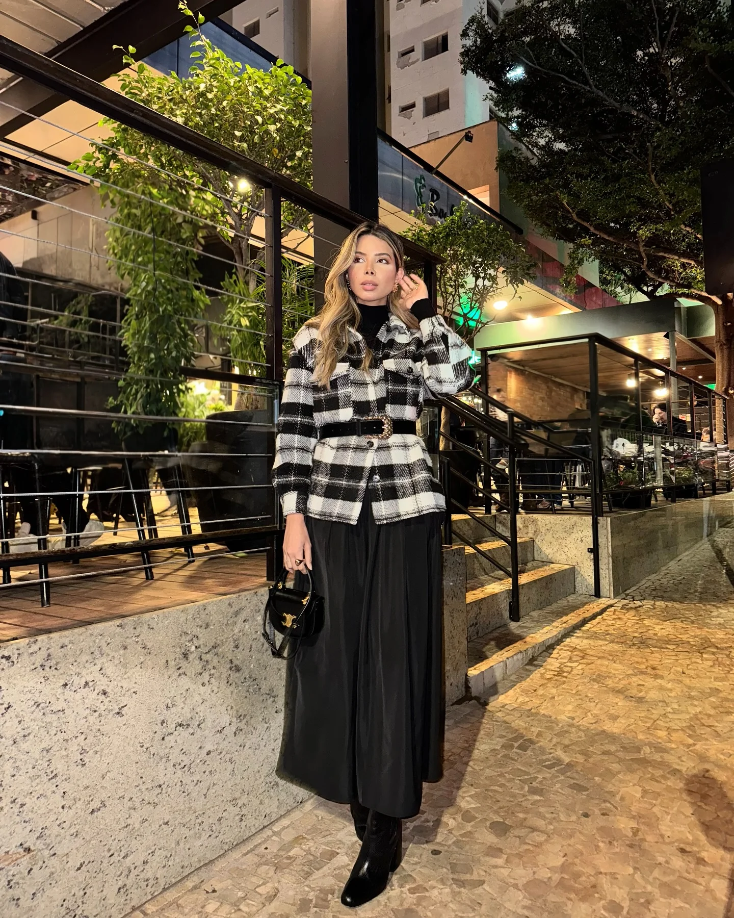 going out outfits fall 2026 Monochrome Plaid Jacket And Flowing Black Skirt For A Chic Fall Night
