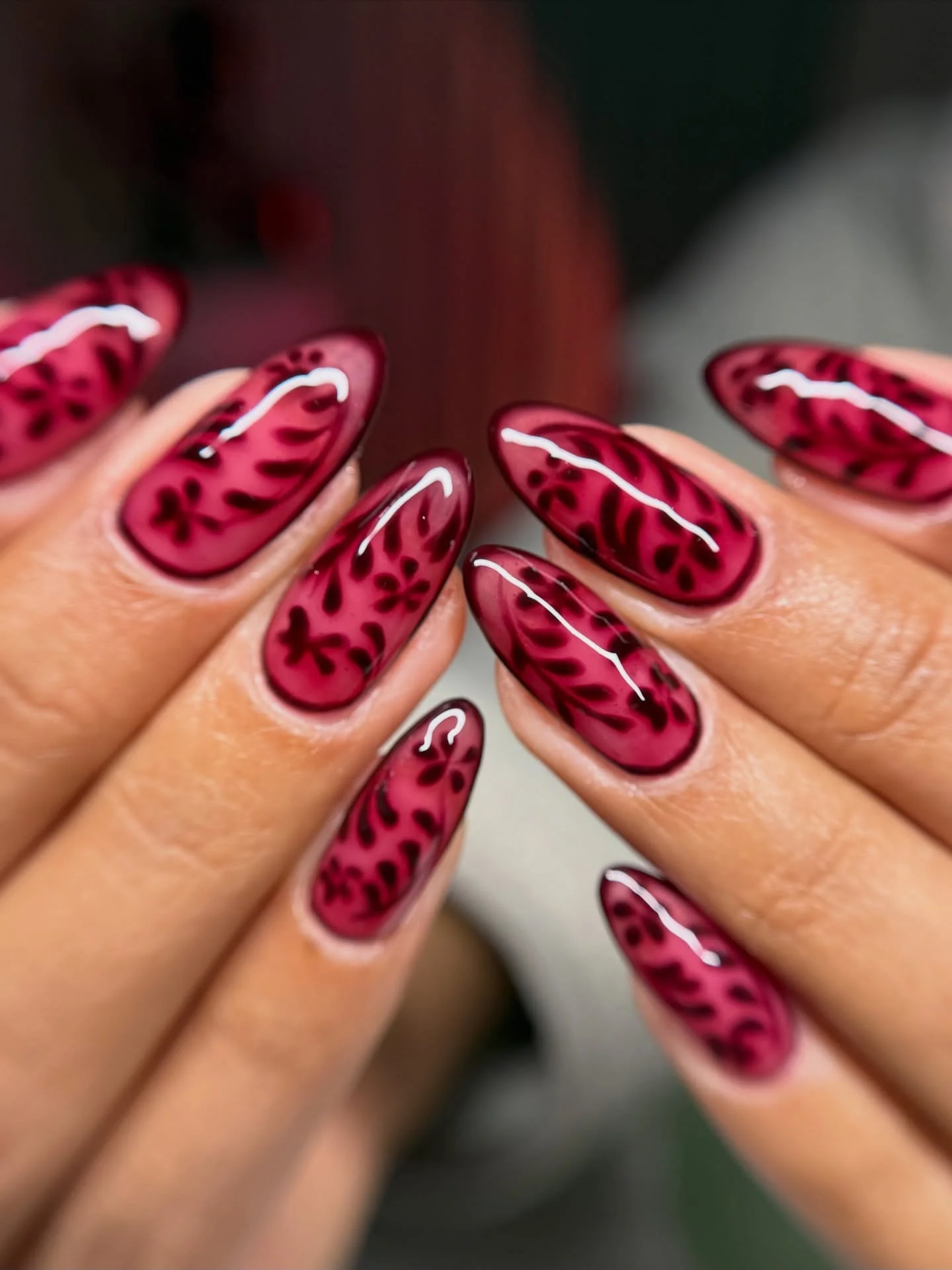 september nail art ideas 2026 Rich Berry Botanical Glass Nails